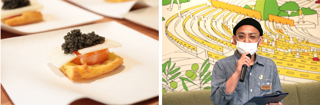 左：試食メニュー瀬戸内キャビアのエクレア、右：金藤大弥氏