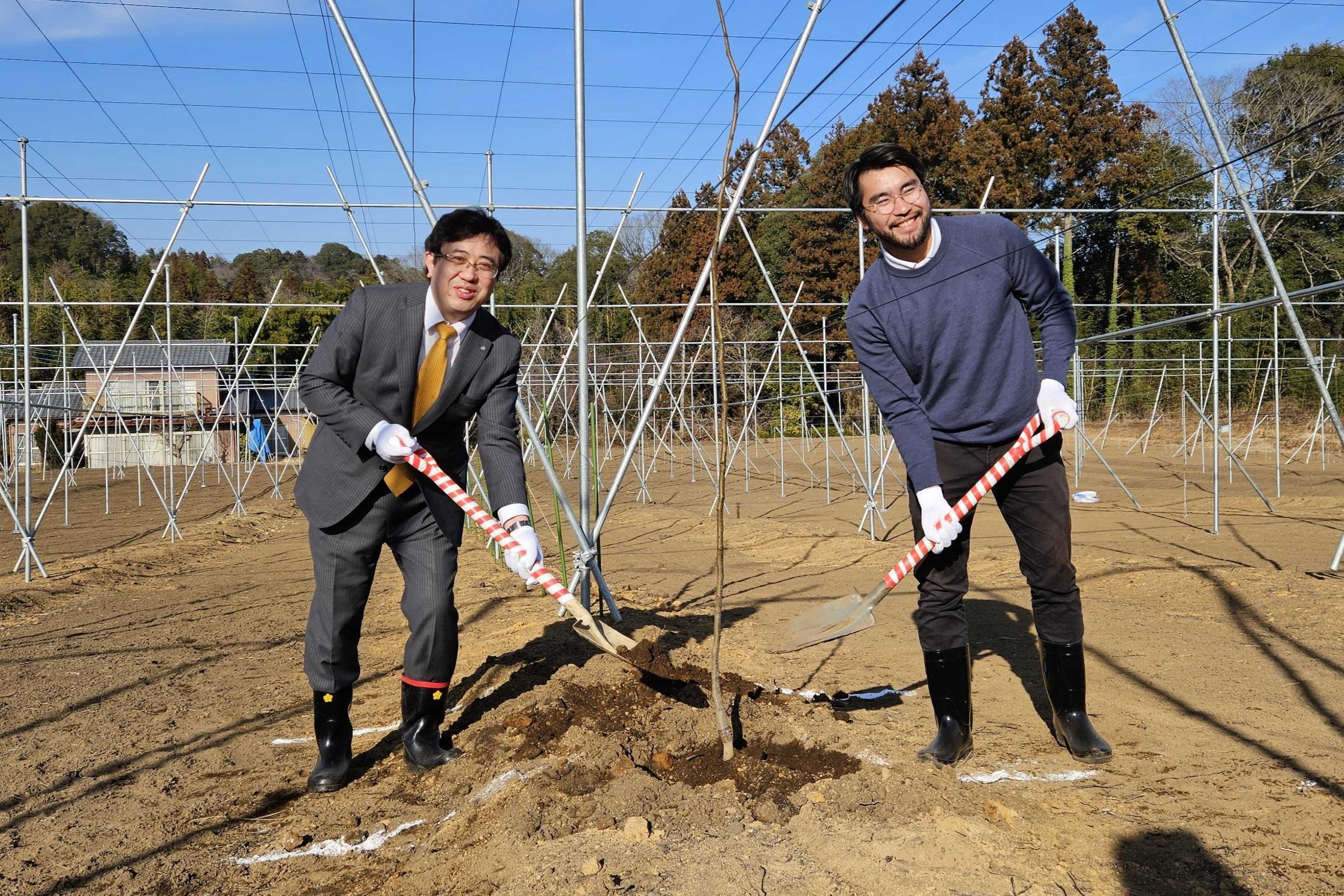 日本農業が運営する圃場でなしの苗木を植え付ける（左から）城里町 町長 上遠野修氏、日本農業 代表取締役CEO 内藤祥平