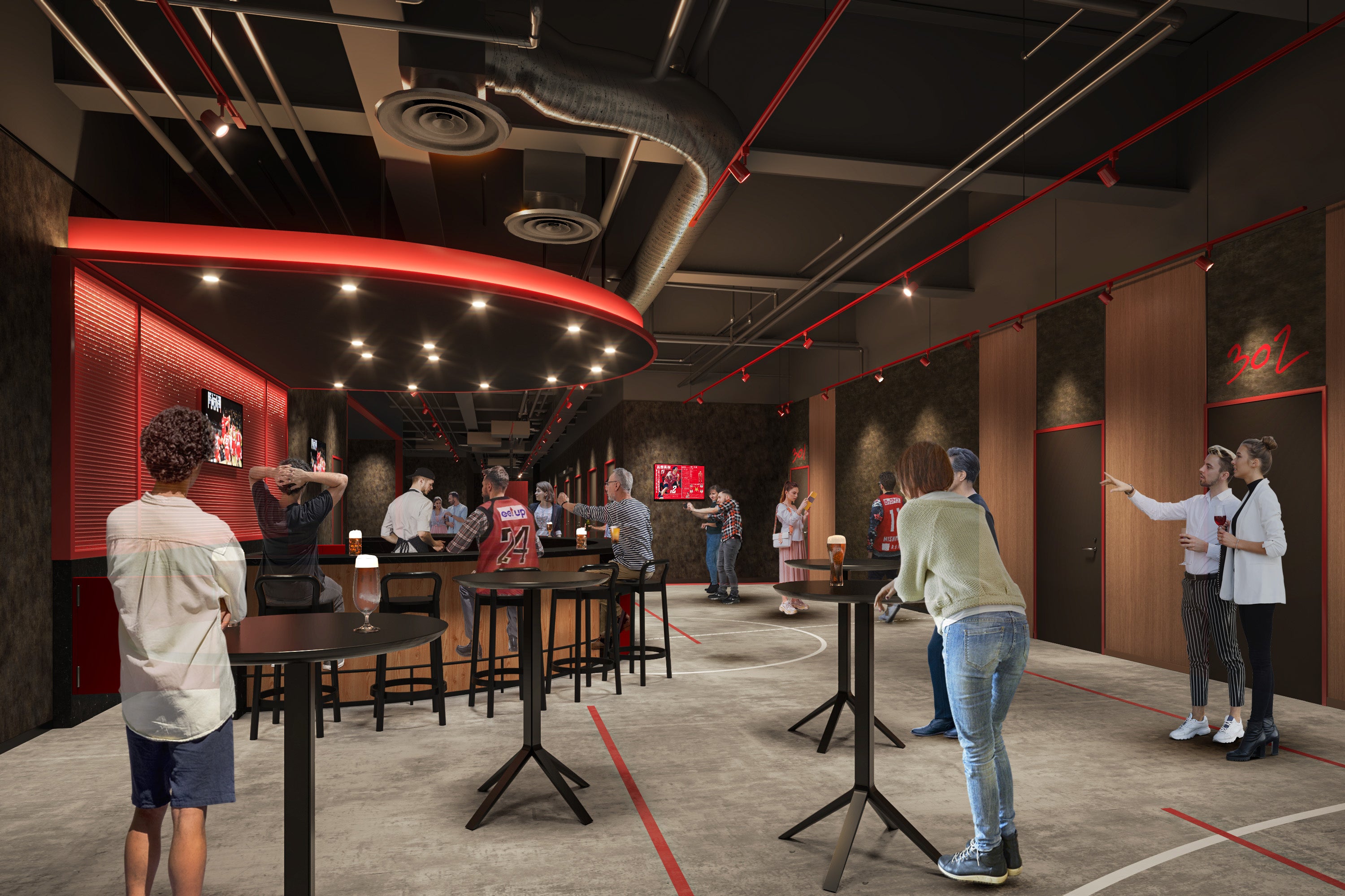 【BOOSTER SQUARE(1か所）】原寸大のバスケットコートがペイントされた、ファン同士が集いさまざまな出会いや交流を生み出す空間　※開催イベントによっては、VIPエリア利用者以外のお客さまも利用可能