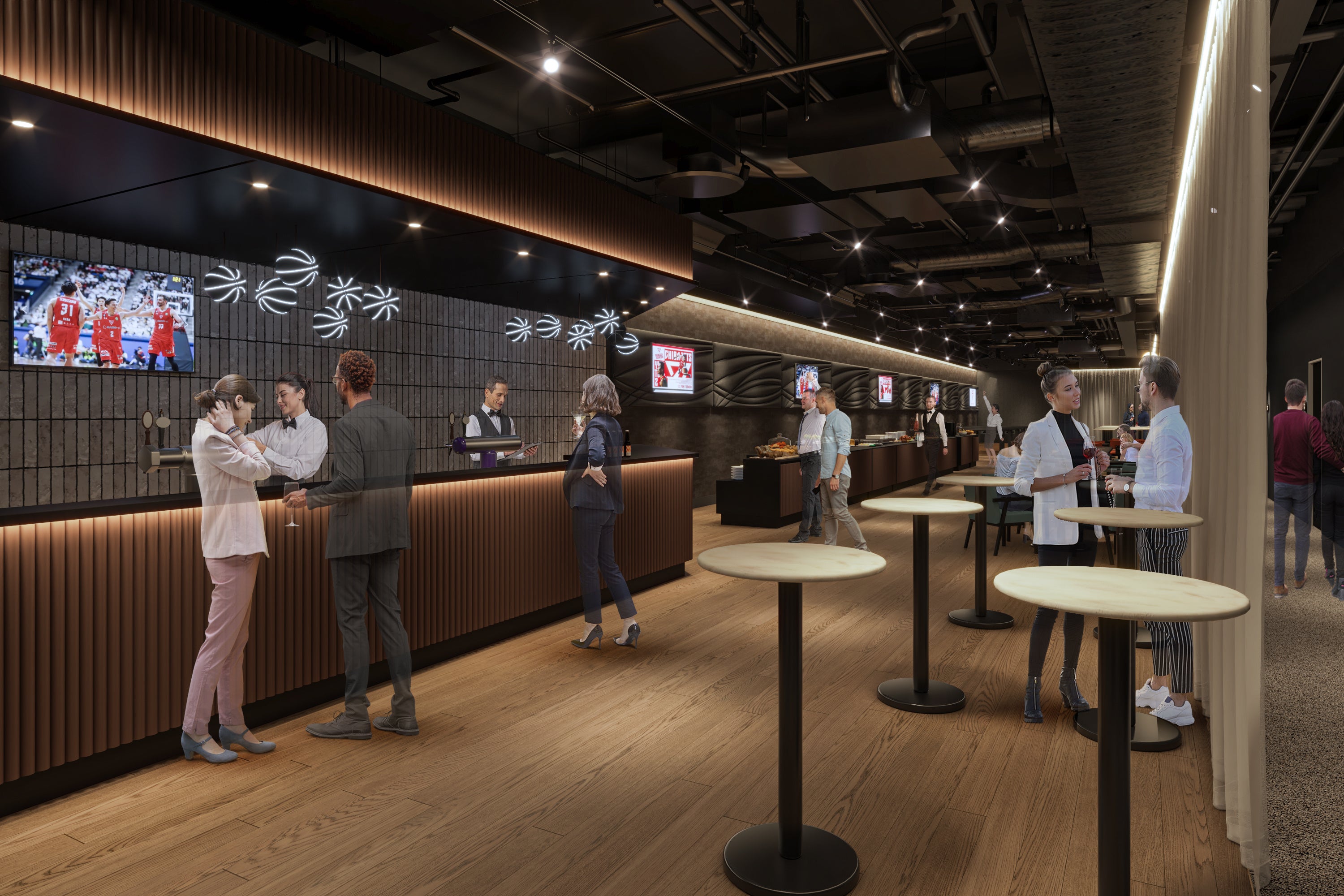 【VIP LOUNGE（1か所）】バーカウンター、テーブル、椅子を常設しイベントの前後も楽しんでいただける空間