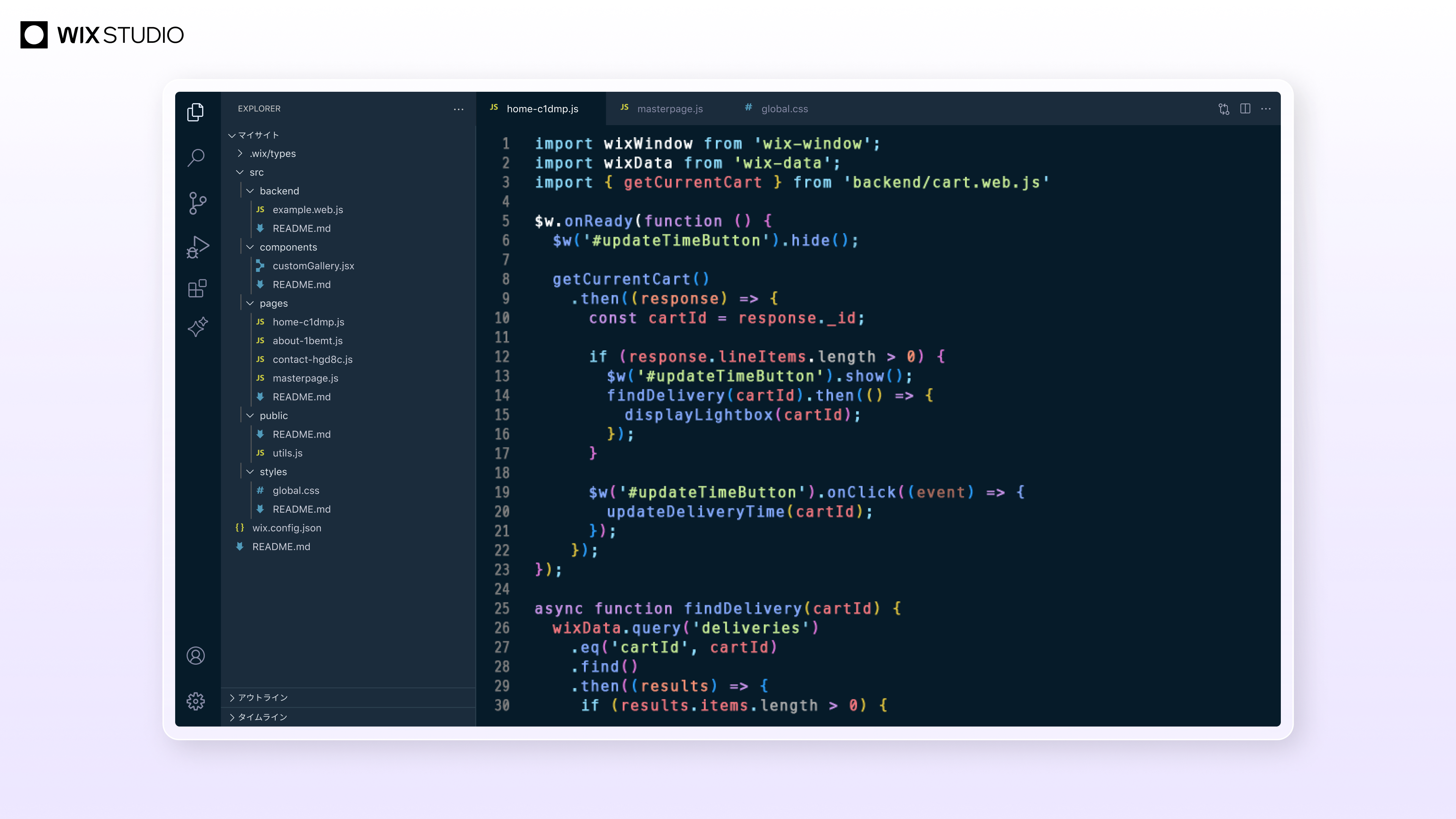 VS Code をベースにした Wix のオンライン統合開発環境（IDE）では、Web サイトにフロントエンドとバックエンドのコードを追加し、 Wix 製 またはサードパーティ製の API とシームレスに連携することができます。