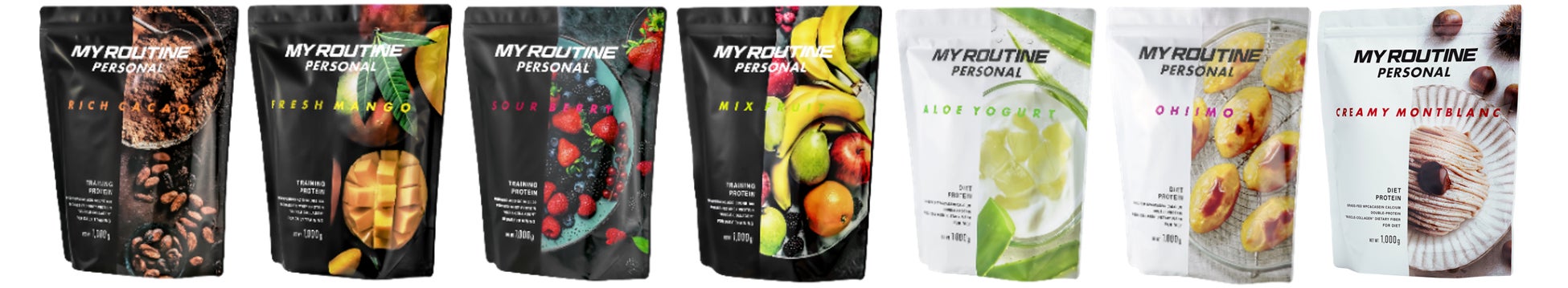 (左から)リッチカカオ風味・フレッシュマンゴー風味・サワーベリー風味・ミックスフルーツ風味・アロエヨーグルト風味・オイモ風味・クリーミーモンブラン風味