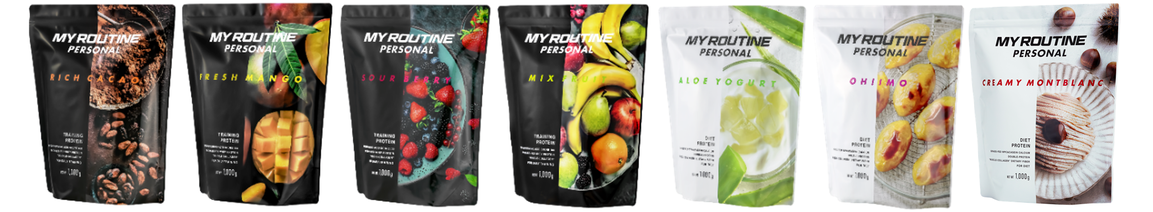 （左から）リッチカカオ風味・フレッシュマンゴー風味・サワーベリー風味・ミックスフルーツ風味・アロエヨーグルト風味・オイモ風味・クリーミーモンブラン風味