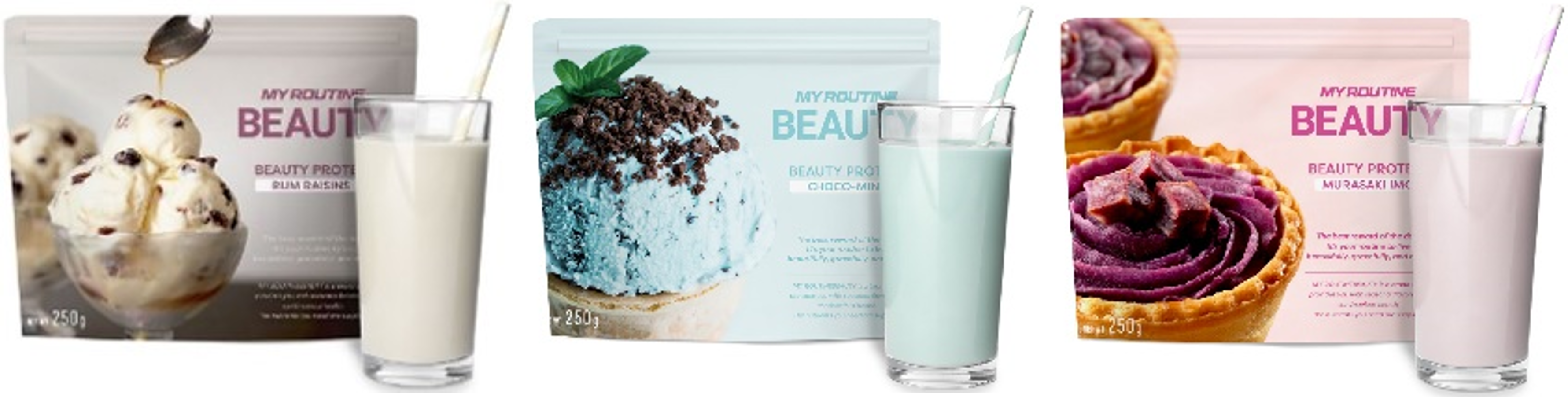 （左から）ラムレーズン風味、チョコミント風味、紫いも風味