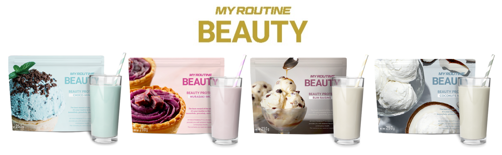 （左から）チョコミント風味、紫芋風味、ラムレーズン風味、ココナッツミルク風味