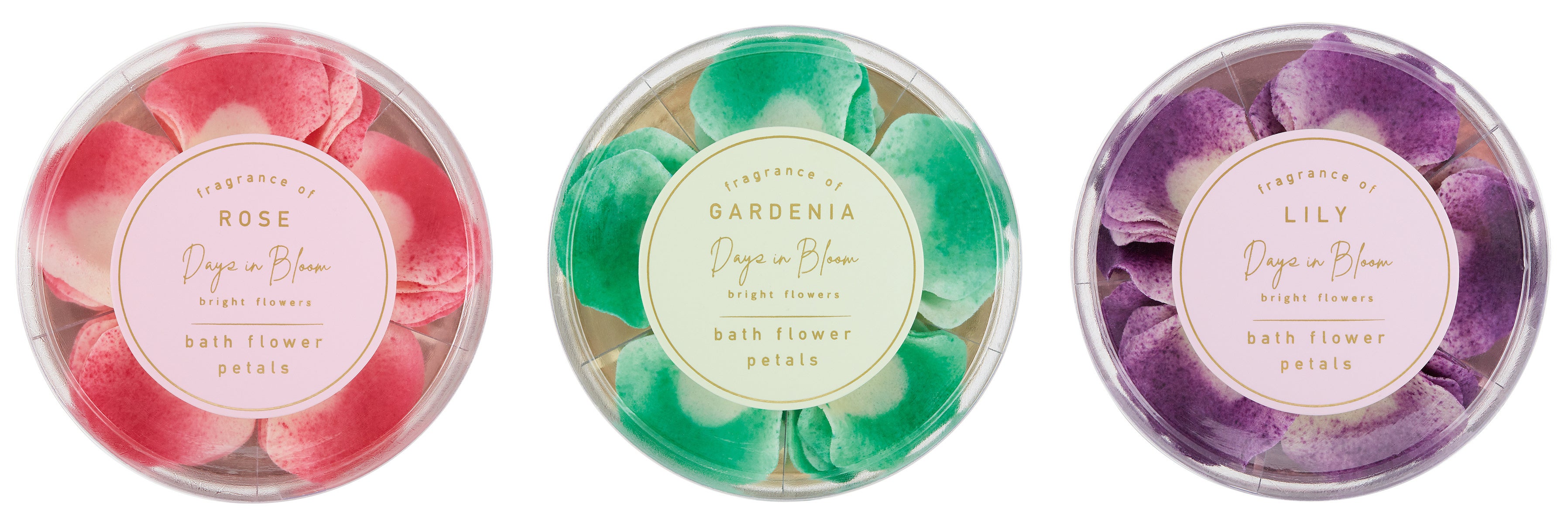 バスフラワーペタル　左からローズ、ガーデニア、リリー