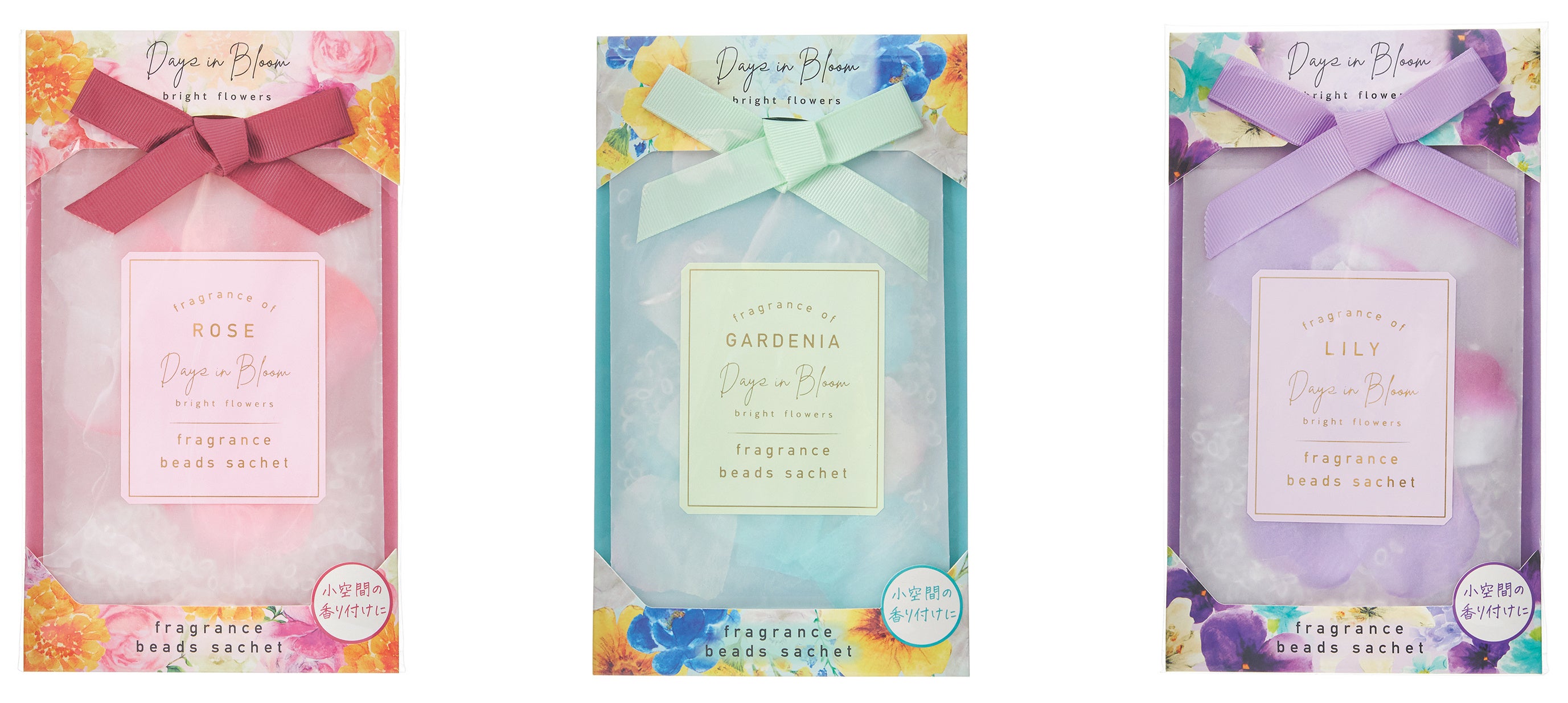 フラワーサシェ　左からローズ、ガーデニア、リリー