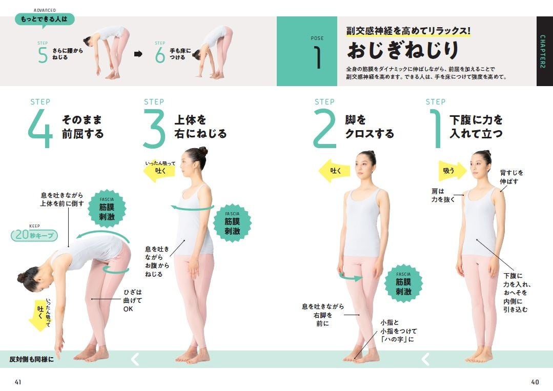 ↑基本エクササイズは２つ。ひとつは、前屈と「ねじる」を合わせた「おじぎねじり」。 副交感神経をリラックスさせます。