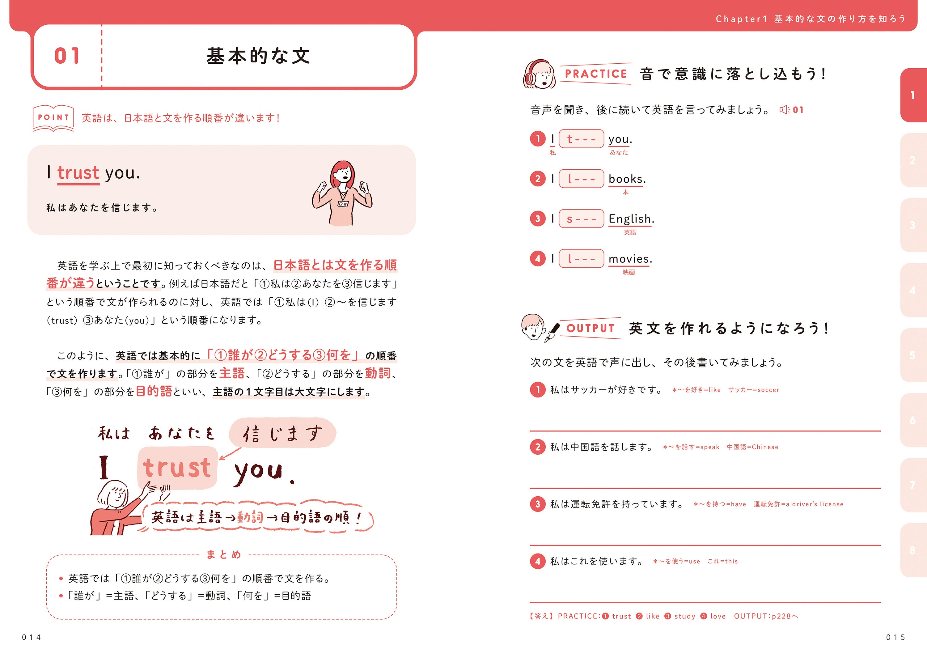 ▲英語習得に効果的な３ステップが見開きで完結