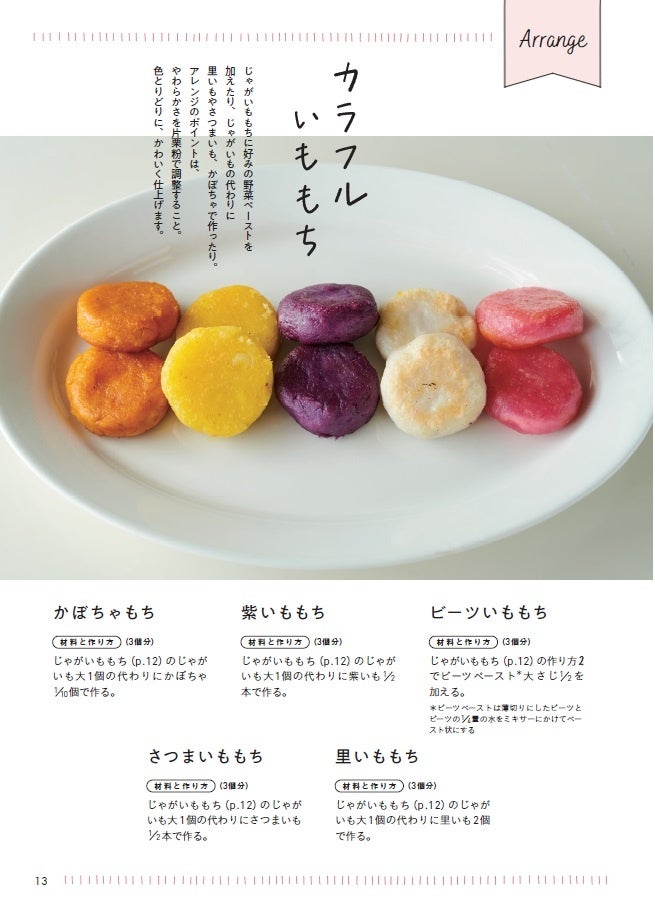 ↑「もちもちじゃがもち弁当」の「じゃがいも」を「かぼちゃ」や「紫いも」にアレンジすることで「カラフルいももち」に！　野菜本来の色で、マカロンのようにカラフルに！