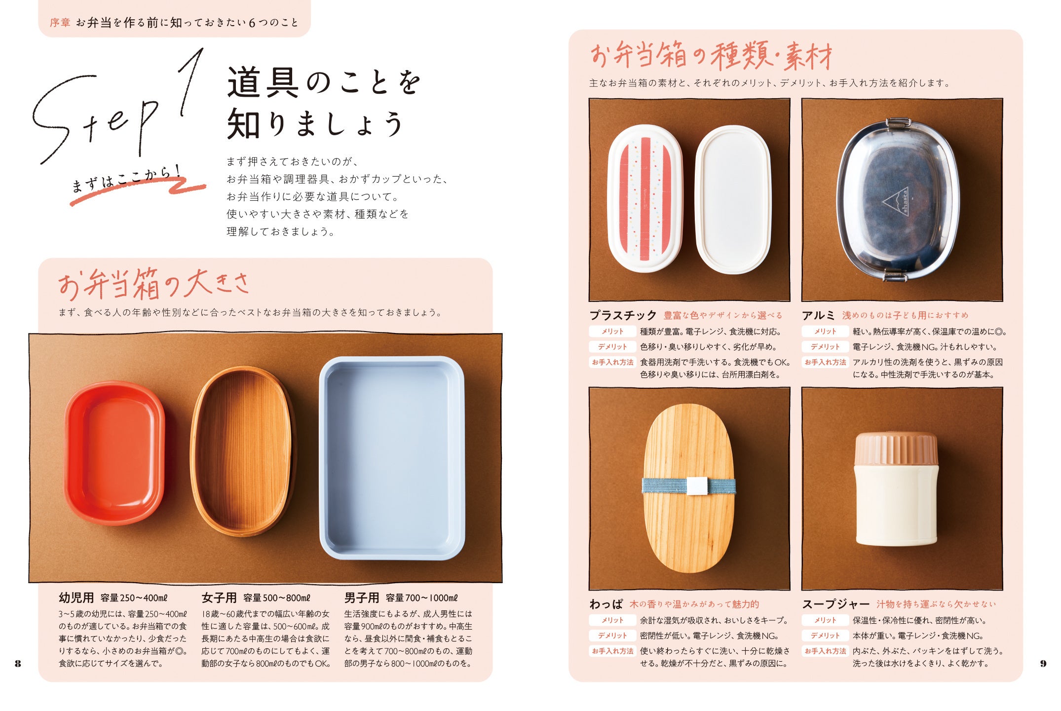 ▲まずは、お弁当箱の種類と特徴から学びます。食べる人の年齢や性別に合ったサイズ、ライフスタイルに合わせて使いやすい素材のものを選んで