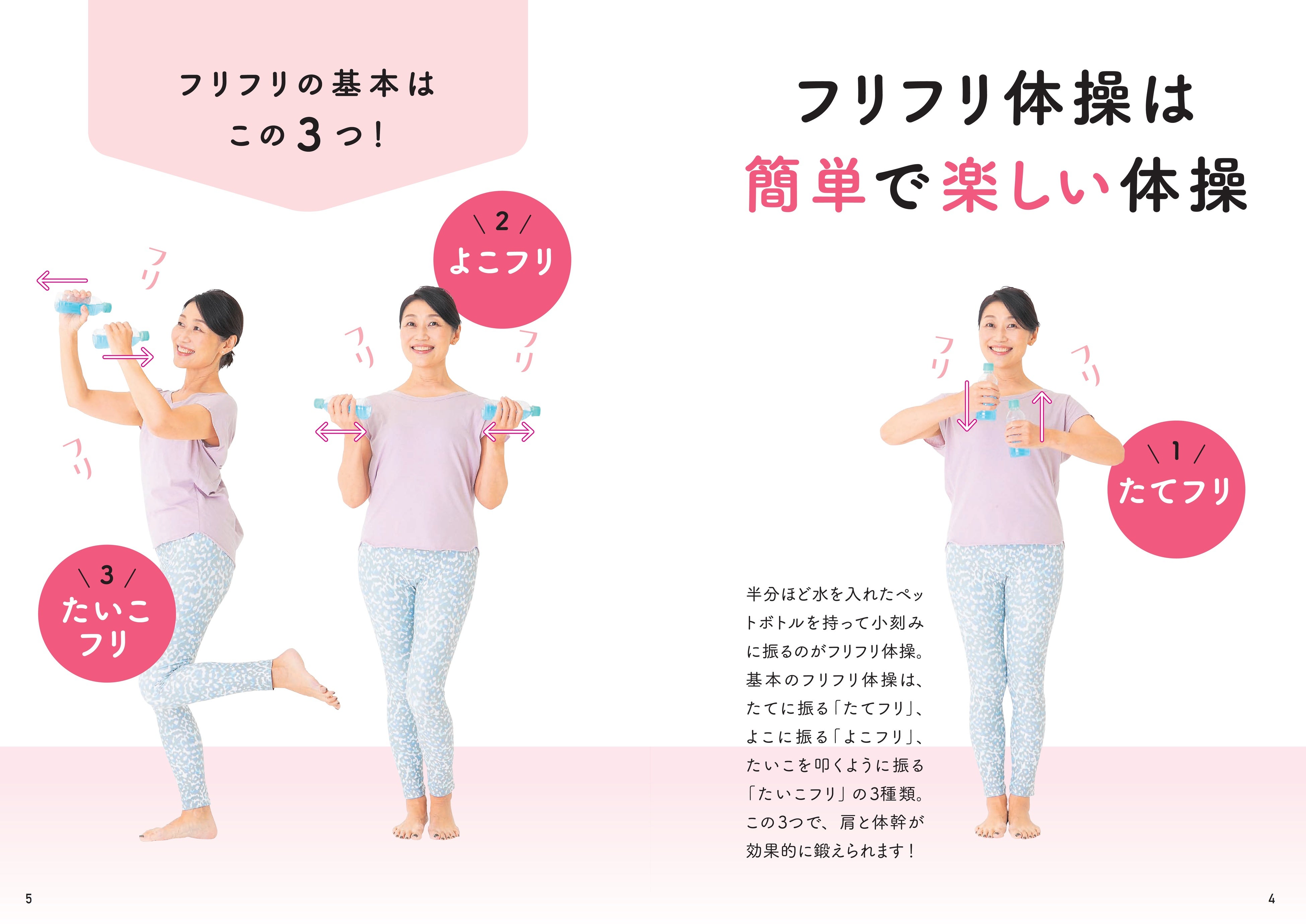 フリフリ体操の動きの基本は、たてに振る「たてフリ」、よこに振る「よこフリ」、たいこのように振る「たいこフリ」の３つ。小刻みに振ることで、肩と体幹の筋肉が効率よく鍛えられます。