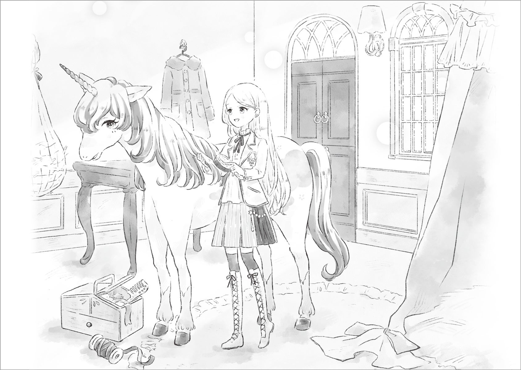 ▲早起きをしてユニコーンハウスへ向かうリル。ネーネのお部屋はとってもロマンチック！　そうじやたてがみのお手入れなどをしながら、ひみつのおしゃべりをします。