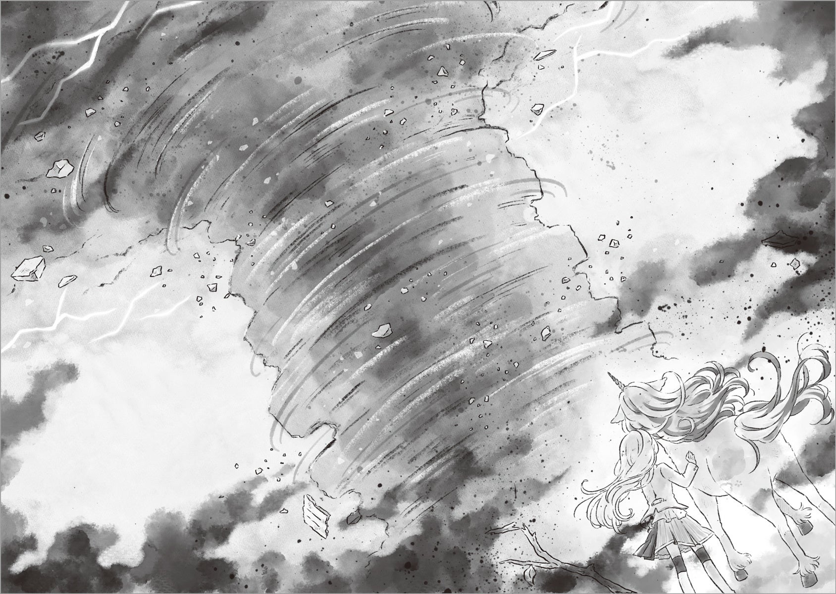 ▲先生がたの留守中に巨大な竜巻がユニコーン・アカデミーを襲って…。リルがネーネとともに力をあわせて立ち向かうシーンは、圧巻です。