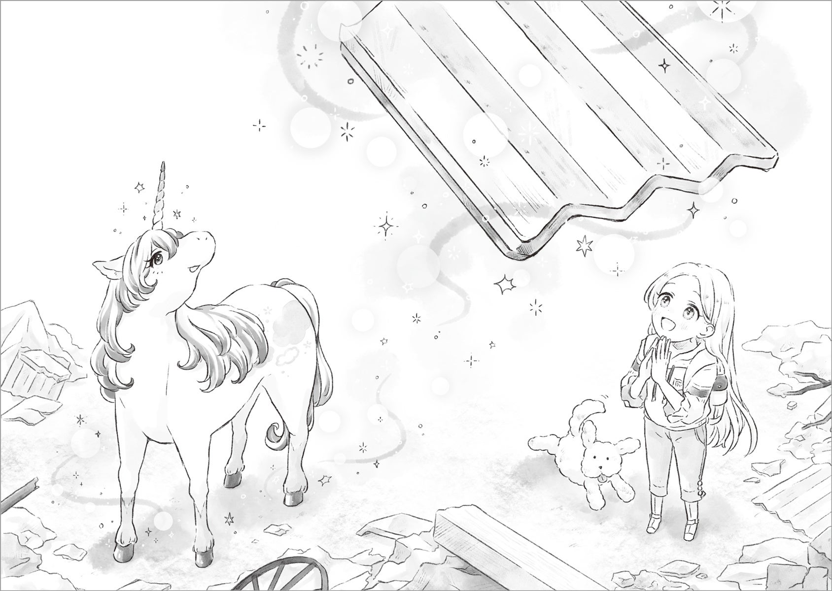 ▲竜巻の被災地で救援活動をしているとき、ネーネに異変が！　ものを宙にうかべて動かせる『念力の魔法』がめざめたのです！！　ひっこみじあんなふたりが、学年で最初の魔法発動ペアに。