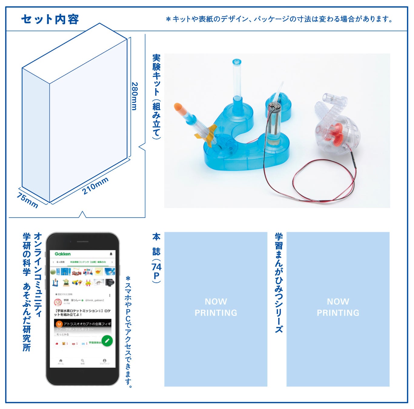 ▲『学研の科学』のセット内容。実験キット、オンラインコミュニティ、本誌、学習まんが『ひみつシリーズ』がセットになることで、本物の科学体験を提供する。