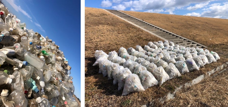 亘理町隈崎の海岸清掃ボランティアが1ヶ月で拾い集めたゴミ