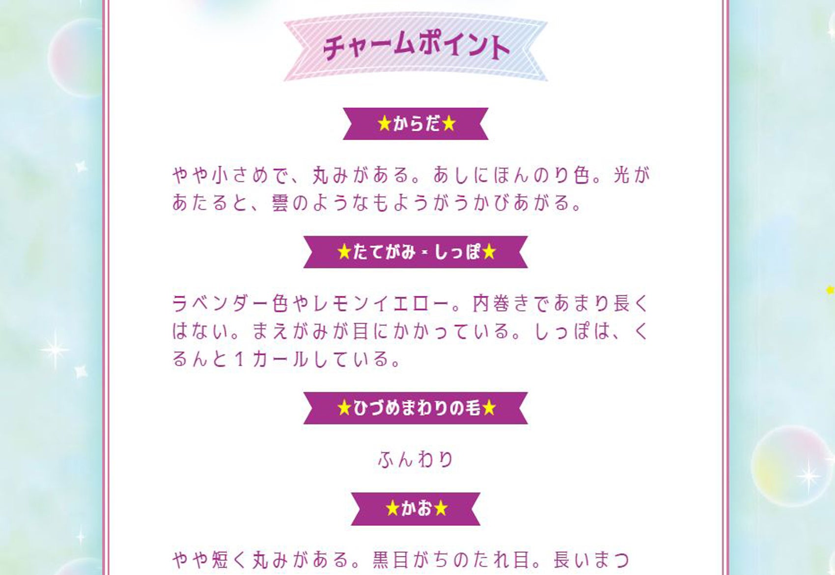 ▲チャーミングなユニコーンのからだの特徴を、図鑑風に部位ごとに説明している。