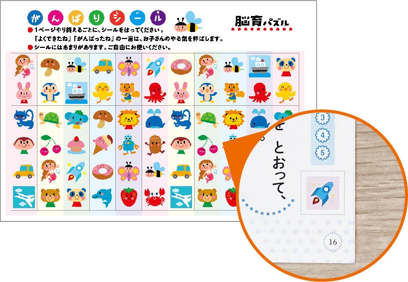 ▲１ページ終わったら、ごほうびのがんばりシールをはります。