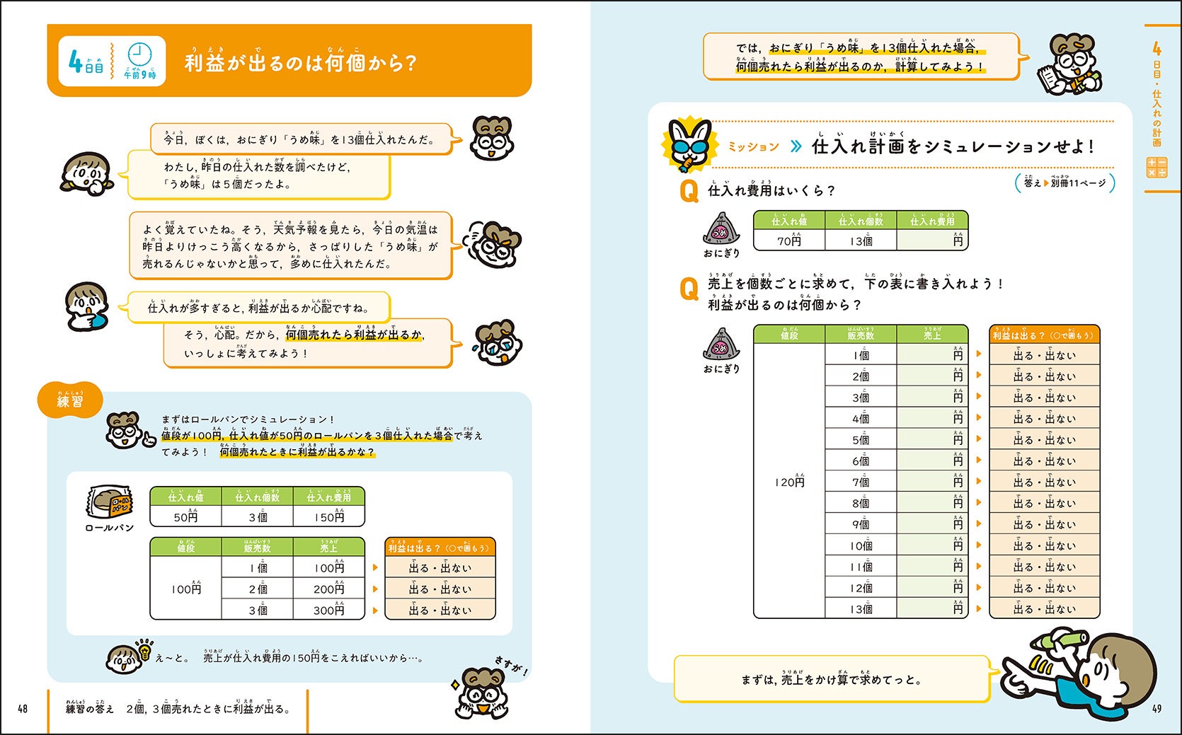 ▲商品を何個販売すれば利益が出るのかについて、かけ算やひき算を使いながらシミュレーションし、ちょうど良い商品の仕入れ個数を求める。