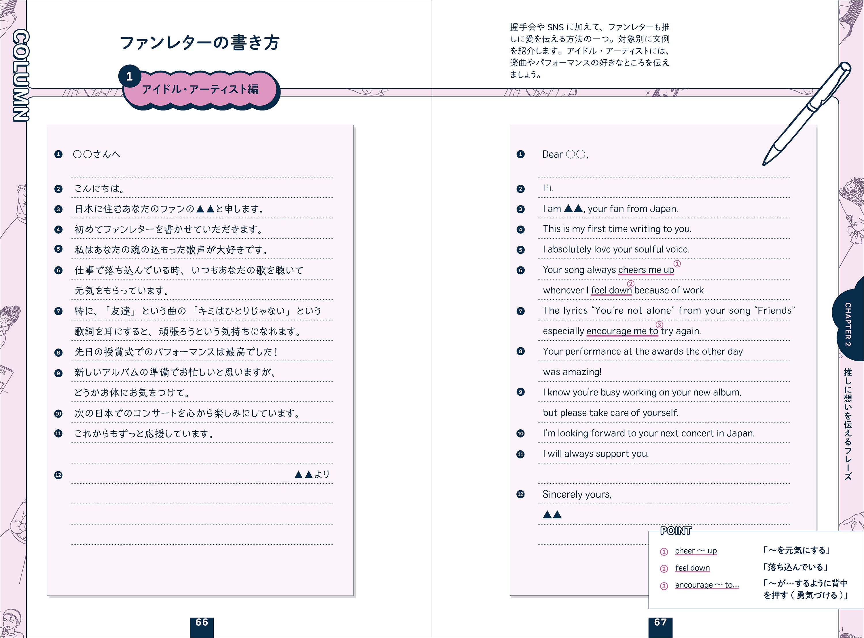 ▲対象別のファンレターの文例など、コラムも充実