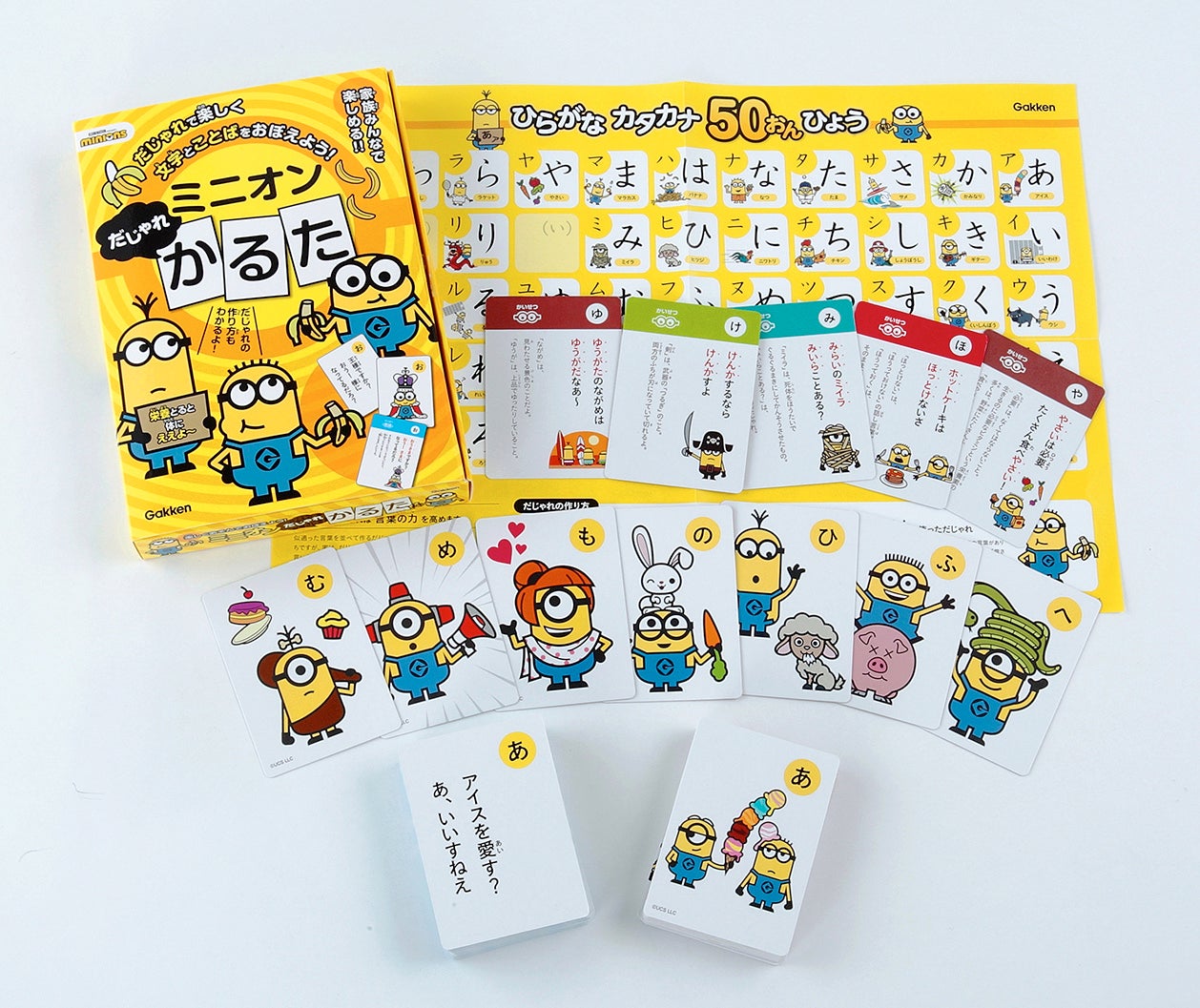 パッケージ内容。絵札の裏面は解説に、説明書も入っていますMinions Franchise © Universal City Studios LLC. All Rights Reserved.
