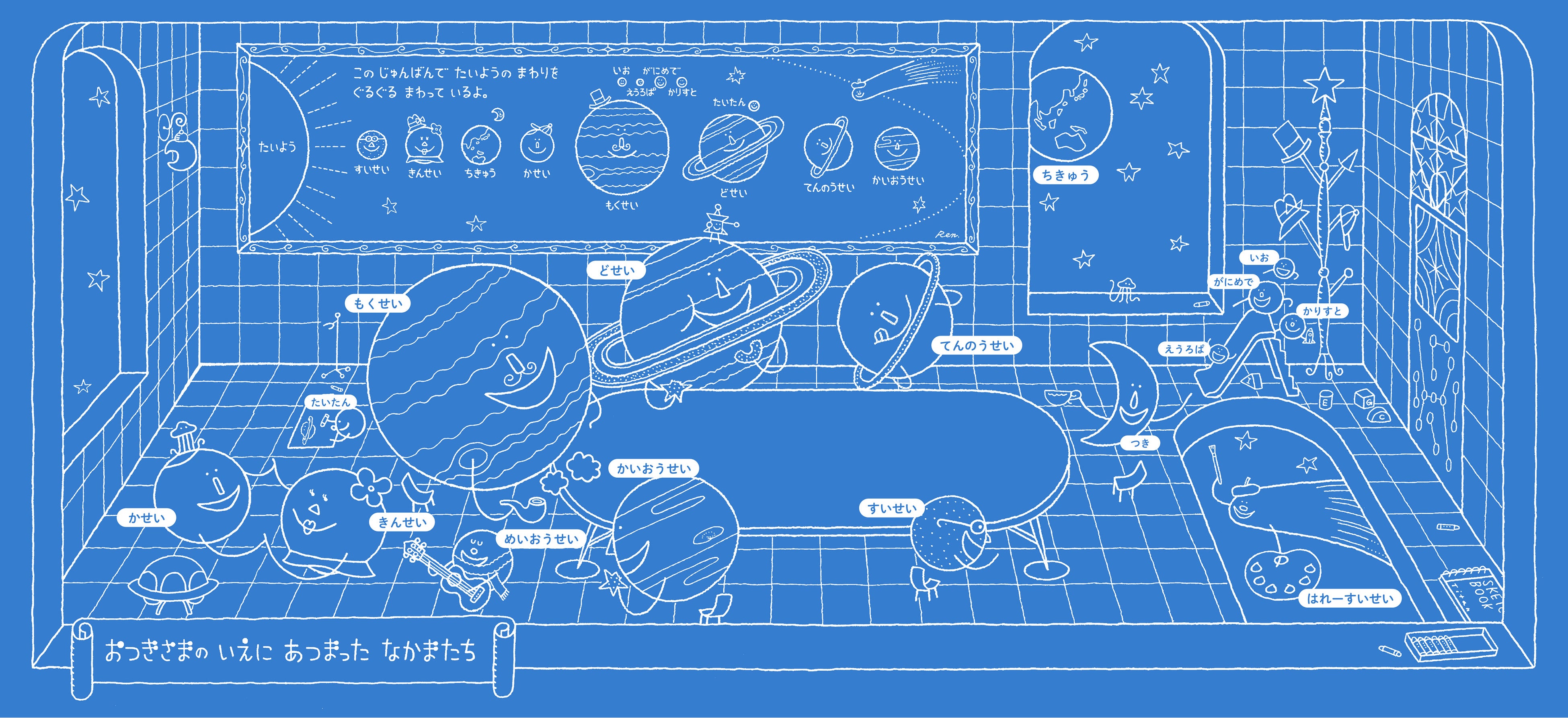 ▲『おつきさまのおさんぽ 新版』後ろ見返しページ。太陽系の星がせいぞろい
