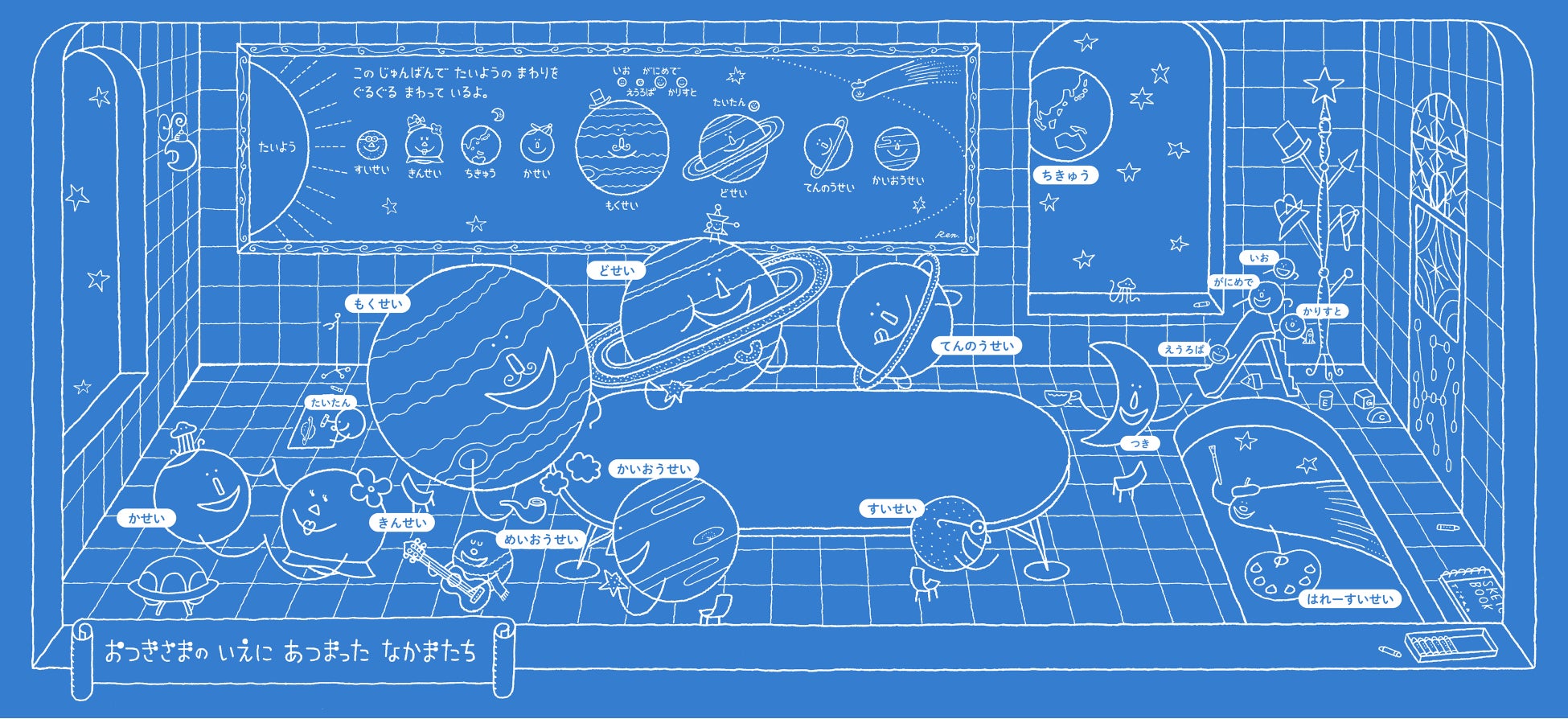 ▲『おつきさまのおさんぽ 新版』後ろ見返しページ。太陽系の星がせいぞろい
