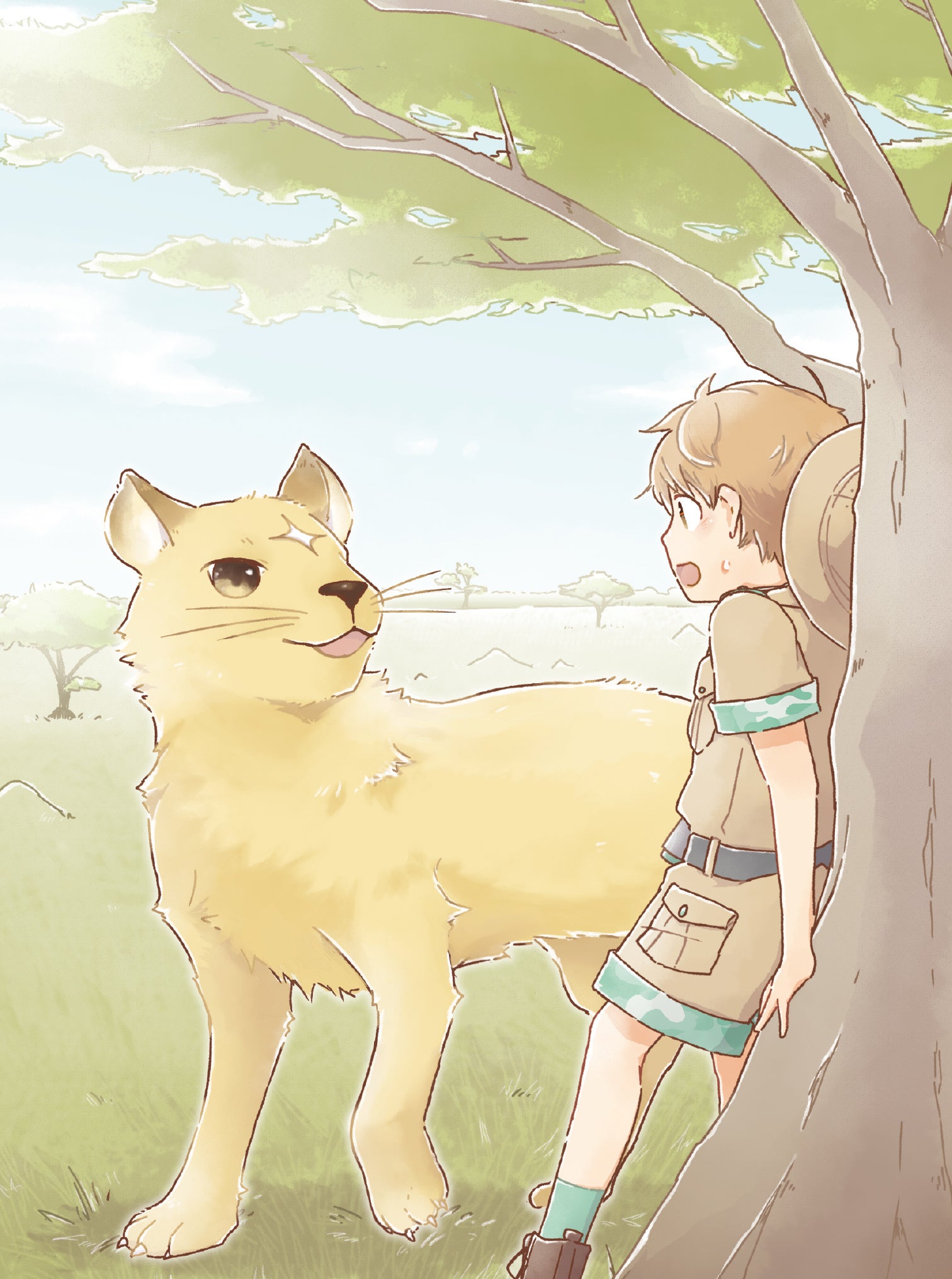 ▲『ぜんまいじかけのトリュフ 動物の国の救世主』本文ページ。ルイは、危ないところを、ライオンの少年・レグに助けてもらい…