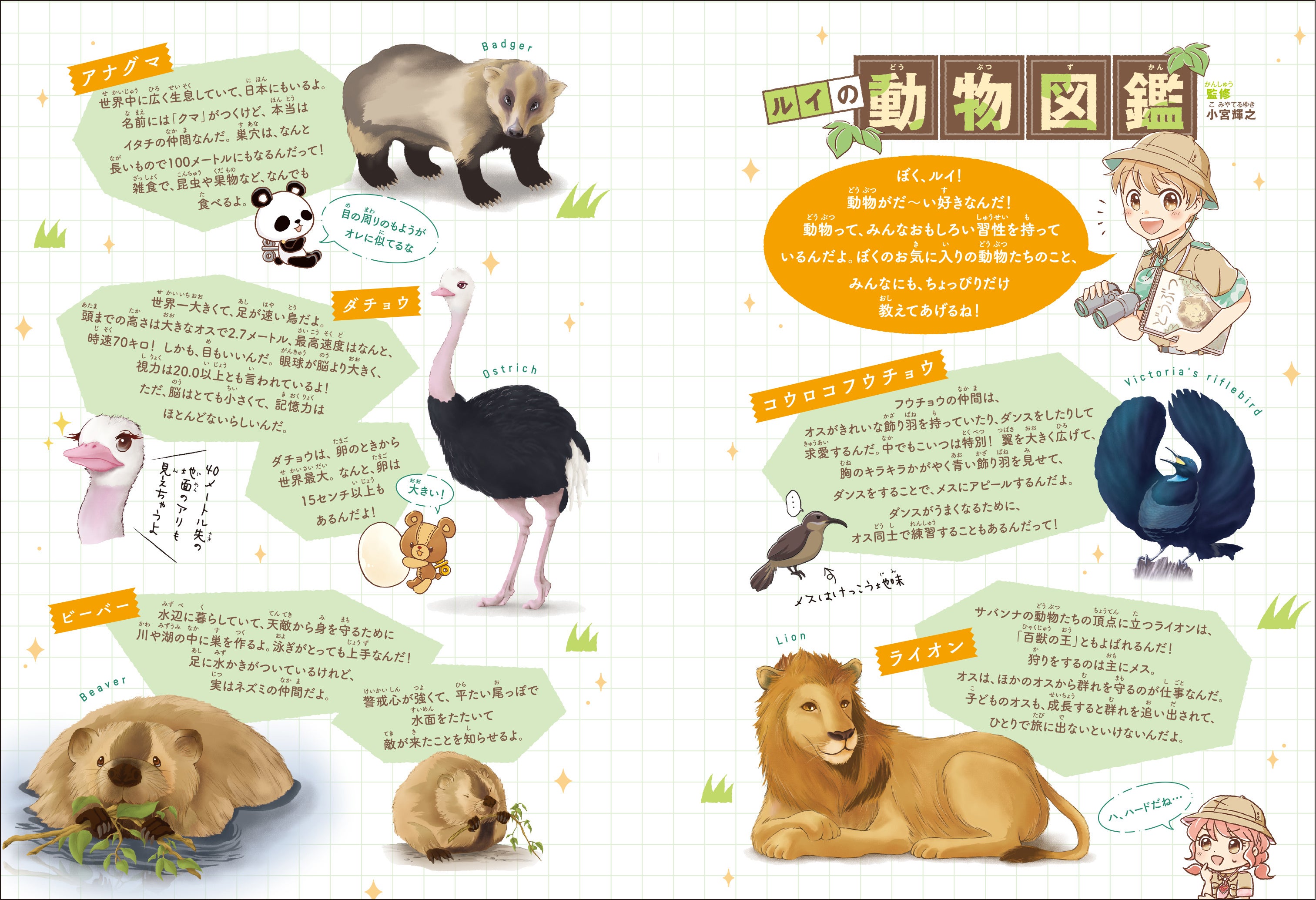 ▲『ぜんまいじかけのトリュフ 動物の国の救世主』巻末ページ。動物好きなルイによる動物図鑑