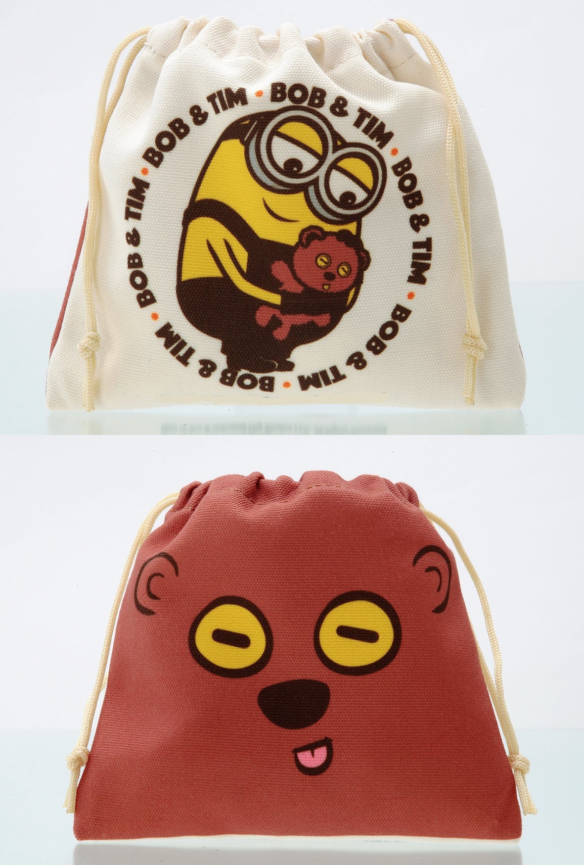 ▲巾着はティムを抱いたボブ柄と、ティムの顔の両面デザイン。サイズ：約150×150mm ⓒ Universal City Studios LLC. All Rights Reserved.