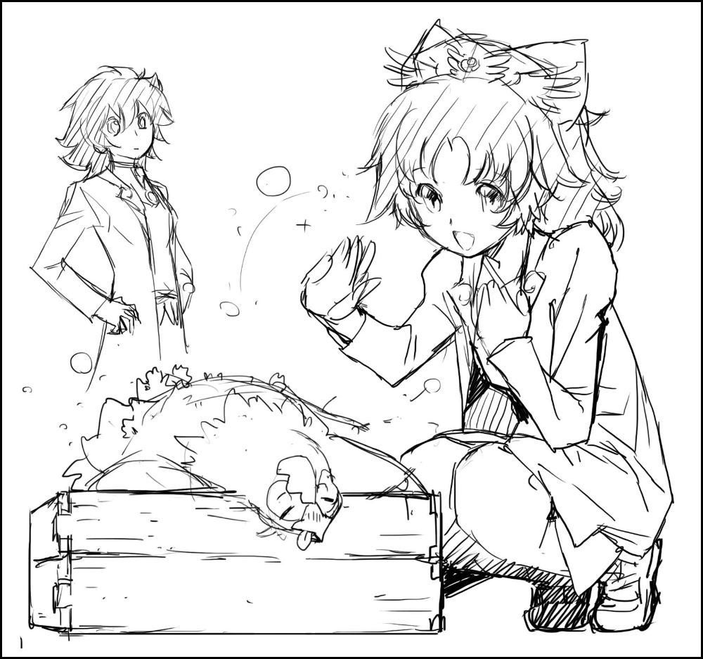 モノクロは今巻『まもりたいきみ』描きおろしモノクロイラストのラフスケッチ全16点を収録。