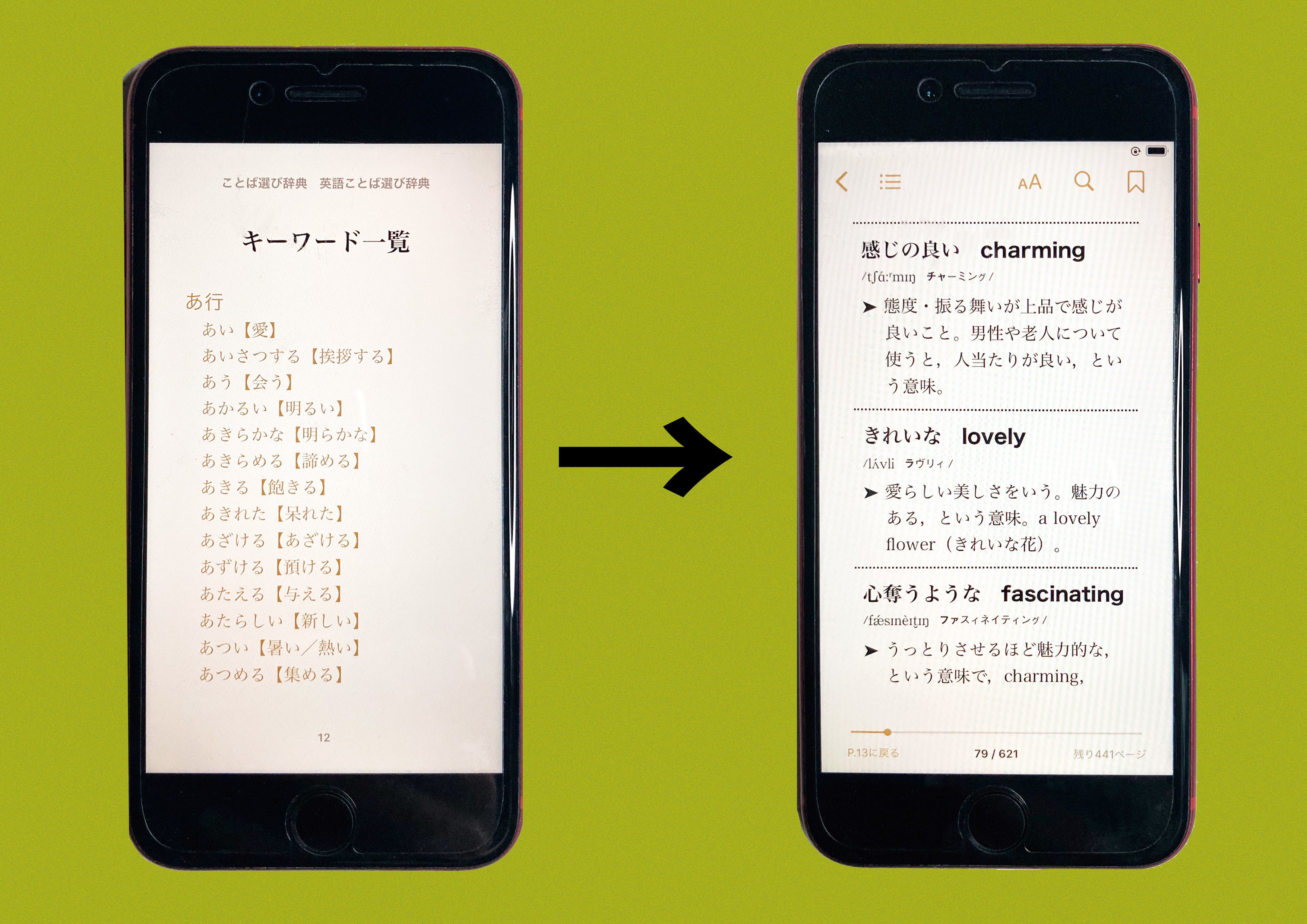 ▲「美しい」の言い換えを探すと、「charming」「lovely」「fascinating」……など、いろいろな候補と出会える。ニュアンスの解説もばっちり