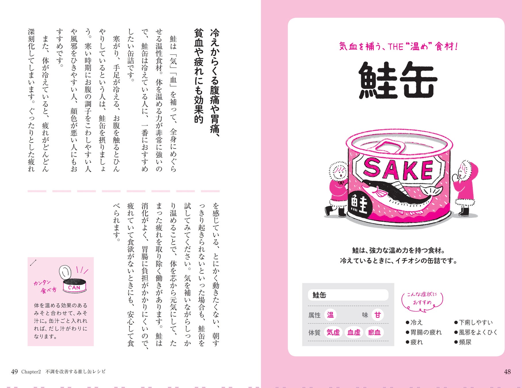本書では、体と心を整えるパワー満載の缶詰「推し缶」をセレクト。さば、鮭、ツナ、トマト、コーンからうずらの卵、牡蠣などまで全15種類。