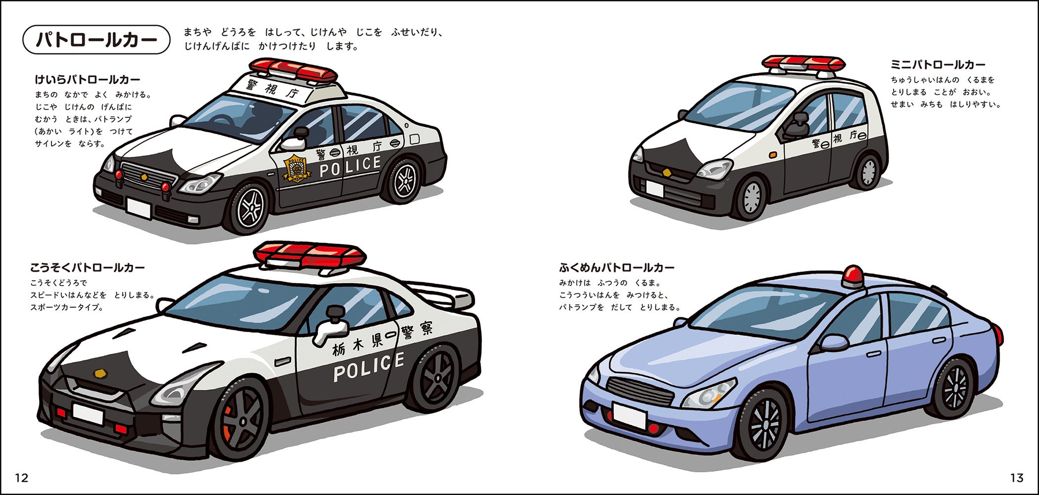 見開きいっぱいに並んだパトロールカー。（『学研のえほんずかん　けいさつのずかん』より