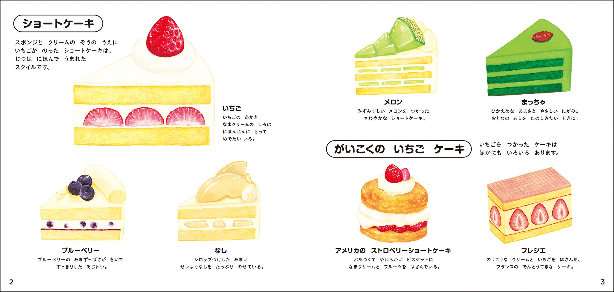 いちご以外にもいろいろ。ショートケーキのページ（『学研のえほんずかん　ケーキのずかん』より
