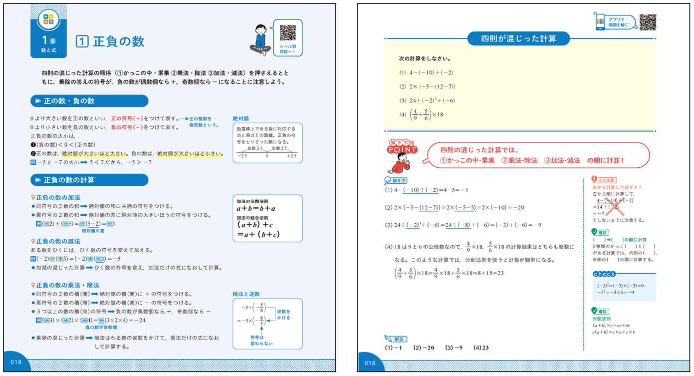 ▲左：要点まとめページ。学習内容の要点がまとまっています。右：問題ページ。右上のQRコードから、アプリで類題演習ができます。