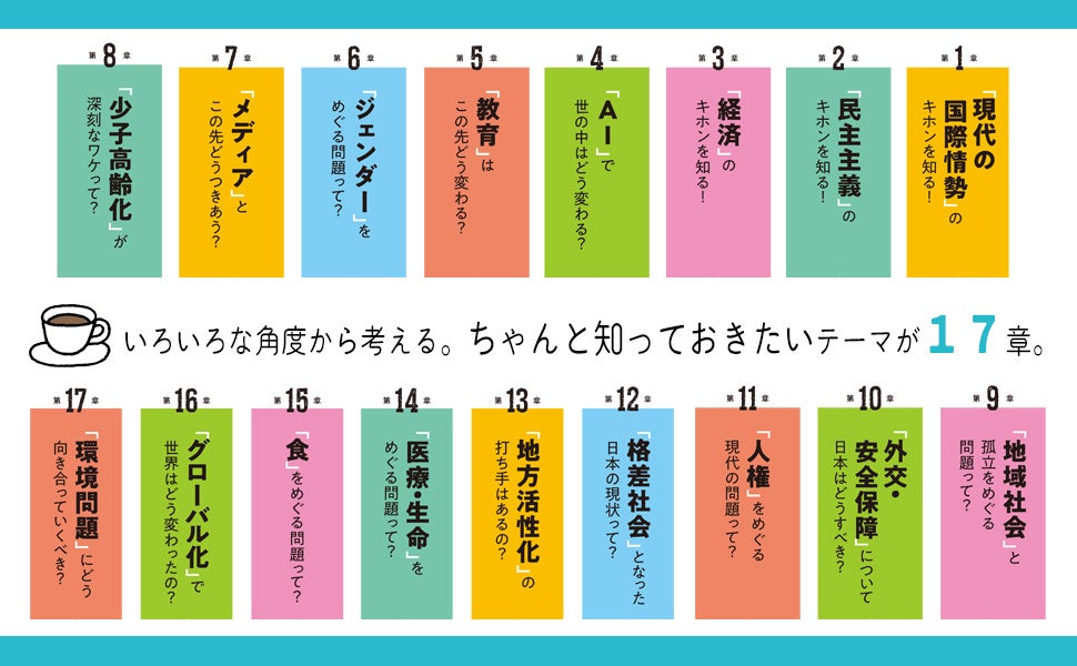 ▲『１８歳から１００歳までの日本の未来を考える１７のキーワード』１冊に含まれる全テーマ一覧