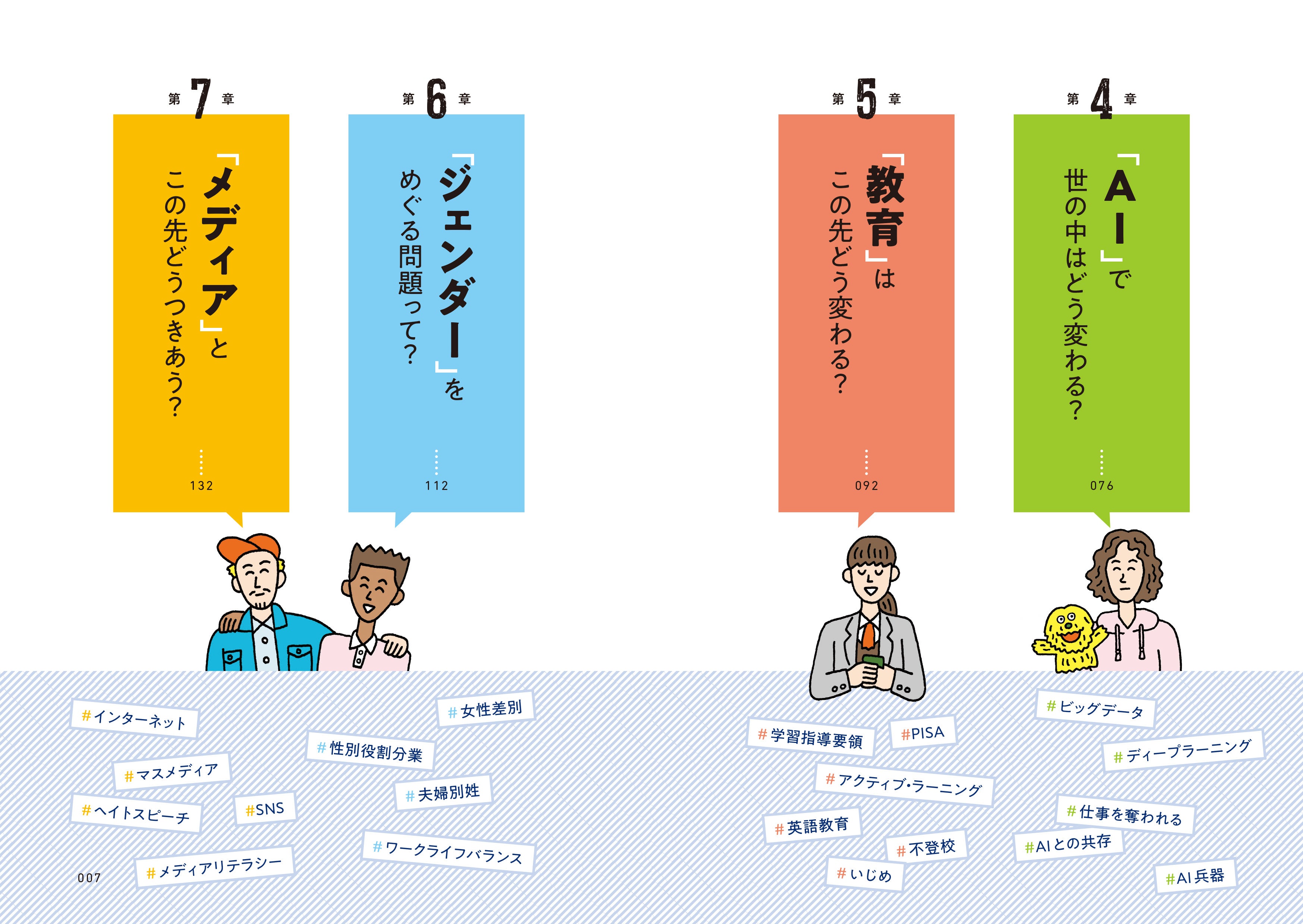 ▲『１８歳から１００歳までの日本の未来を考える１７のキーワード』もくじより。「ＡＩ」や「教育」などのキーワードについて、さまざまな世の中のトピックが関連している