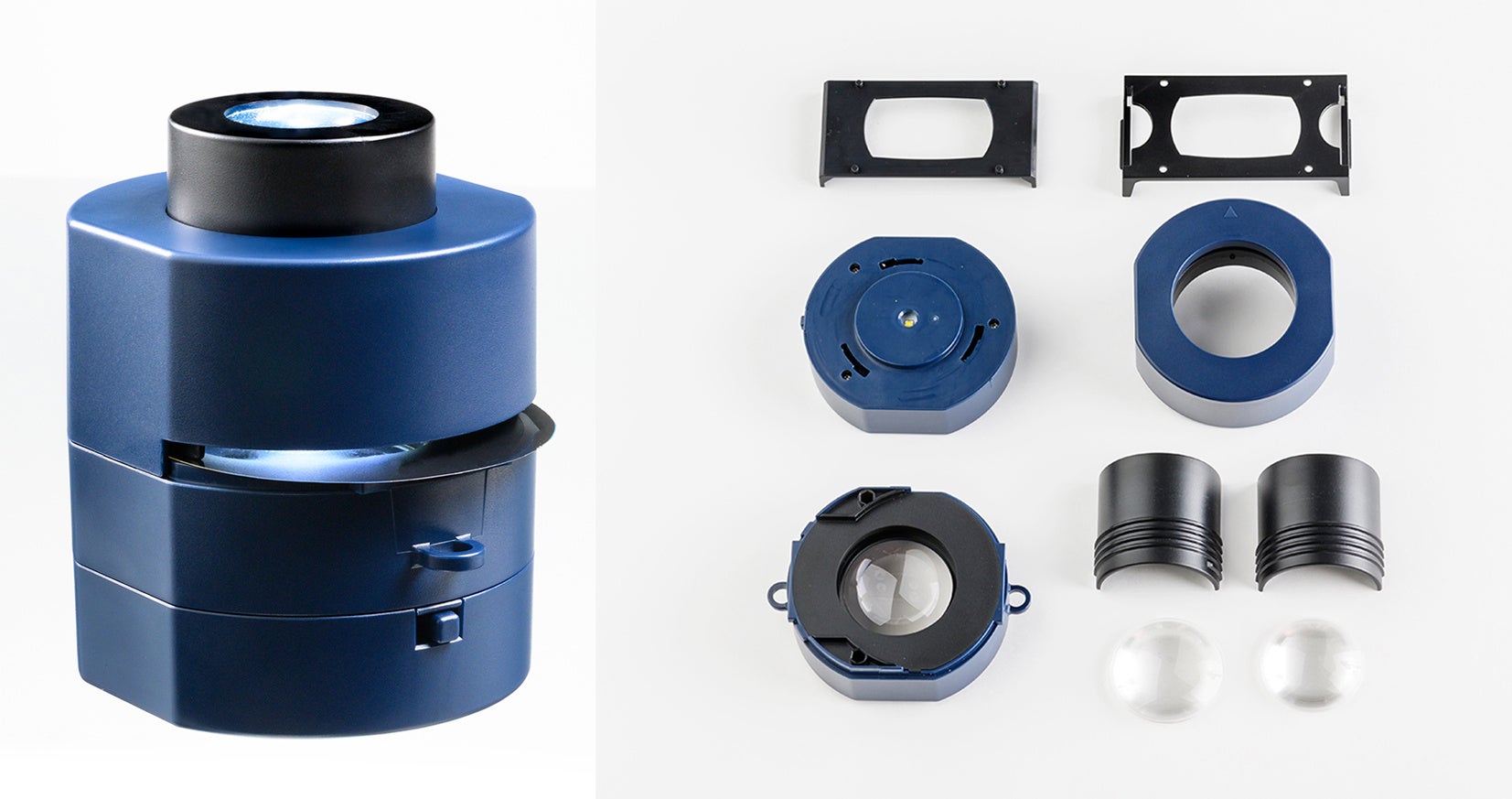 ▲左：「大図鑑プロジェクター」組み立て完成品　右：本体部品。組み立て目安は15分