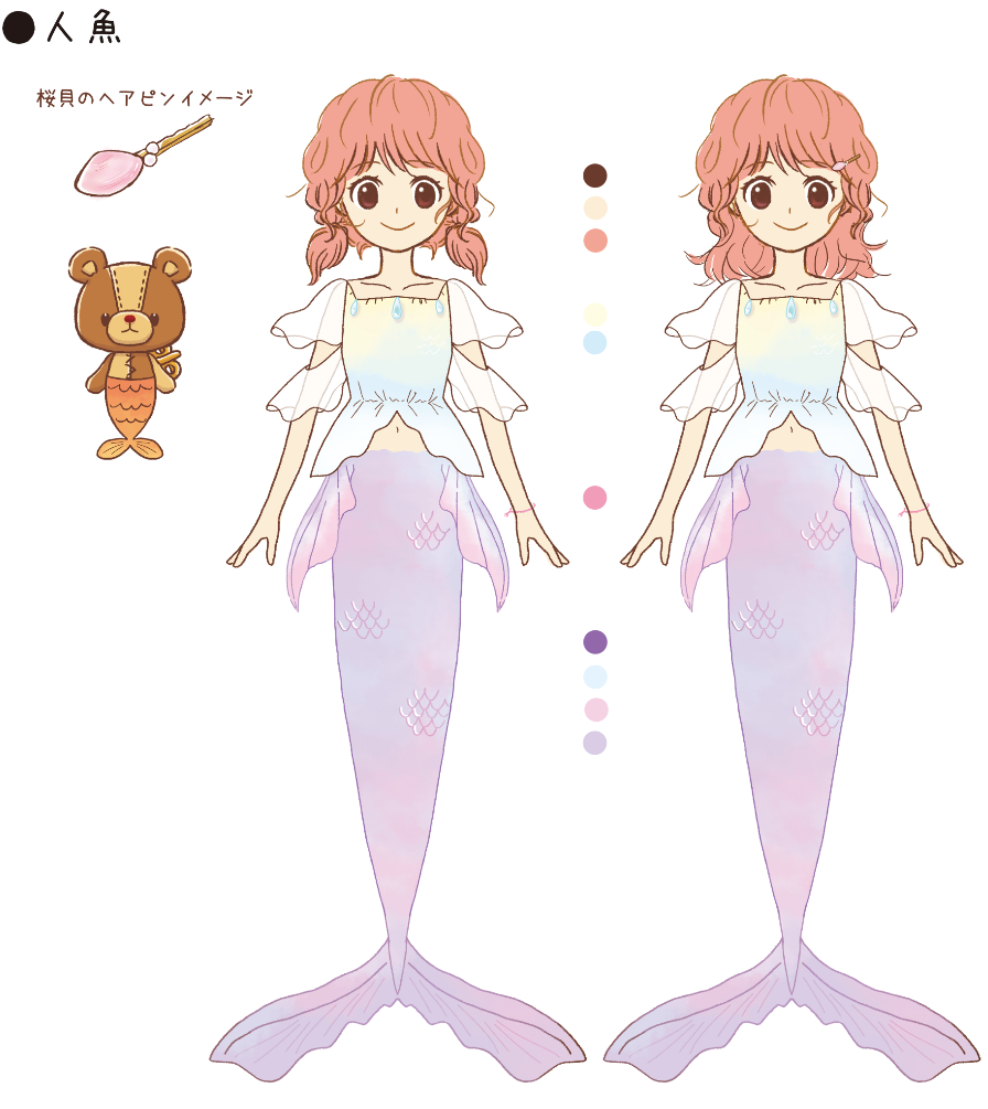 ▲主人公のアンの人魚姿。アンは人魚、トリュフも熊魚になって、美しい海の中を泳ぎ回って大冒険します！ （※現在制作中のもので、設定は変更になるかもしれません）