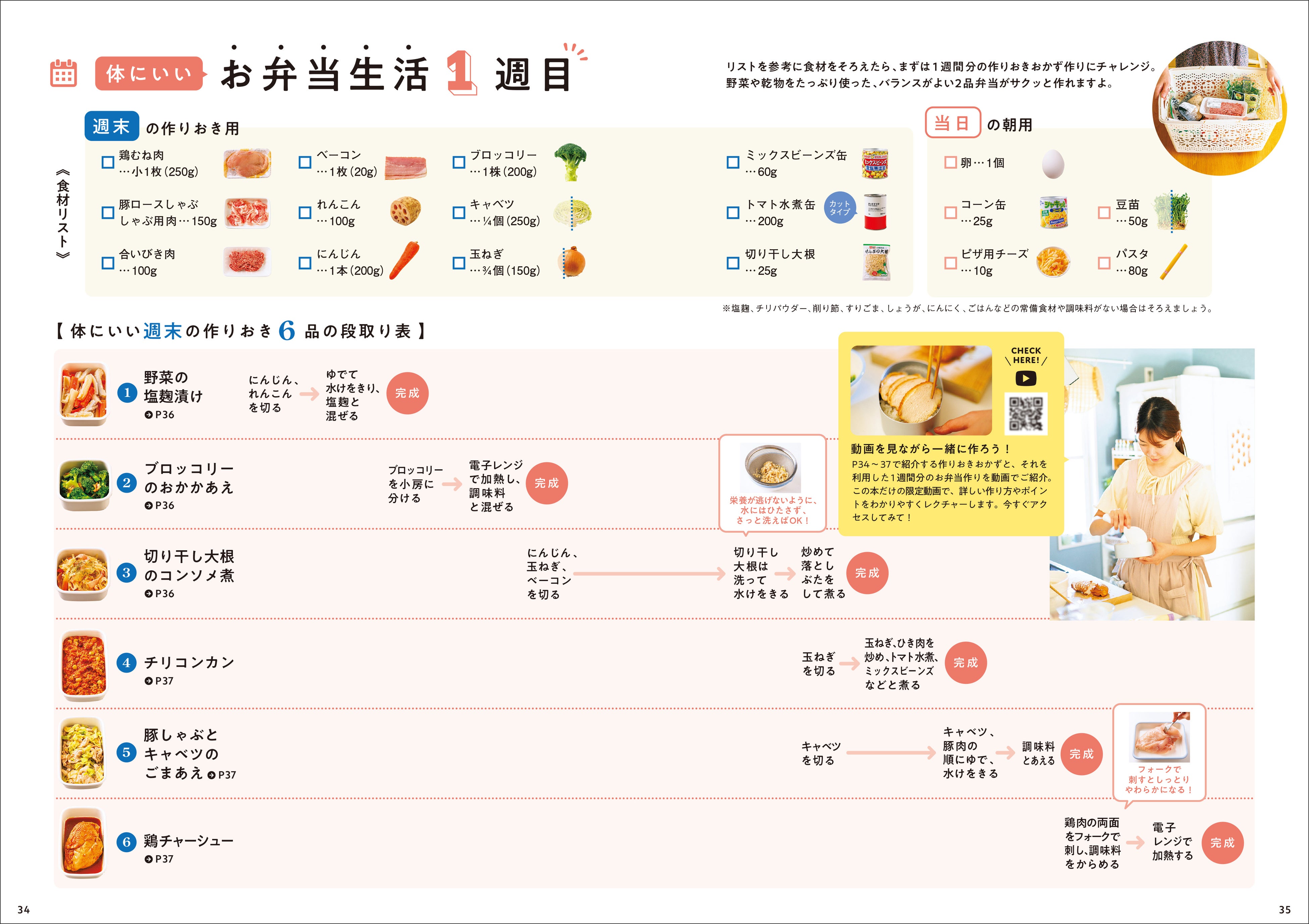 ▲一週間分の食材から段取りまで一目瞭然。動画のQRコードつきだから見ながら作れる
