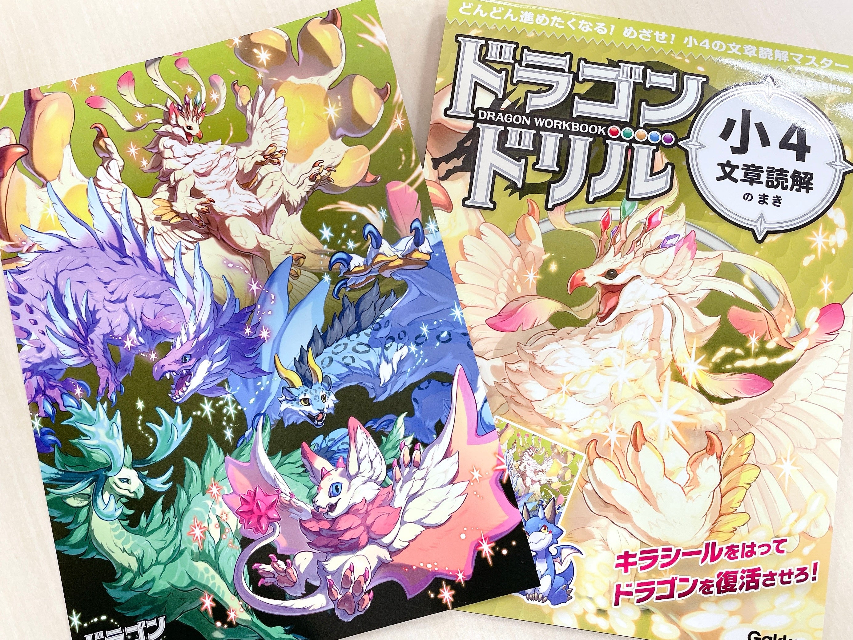 ▲『小４文章読解のまき』には高山にすむ「晶竜族」を収録。写真左は「ドラゴンしたじき」。