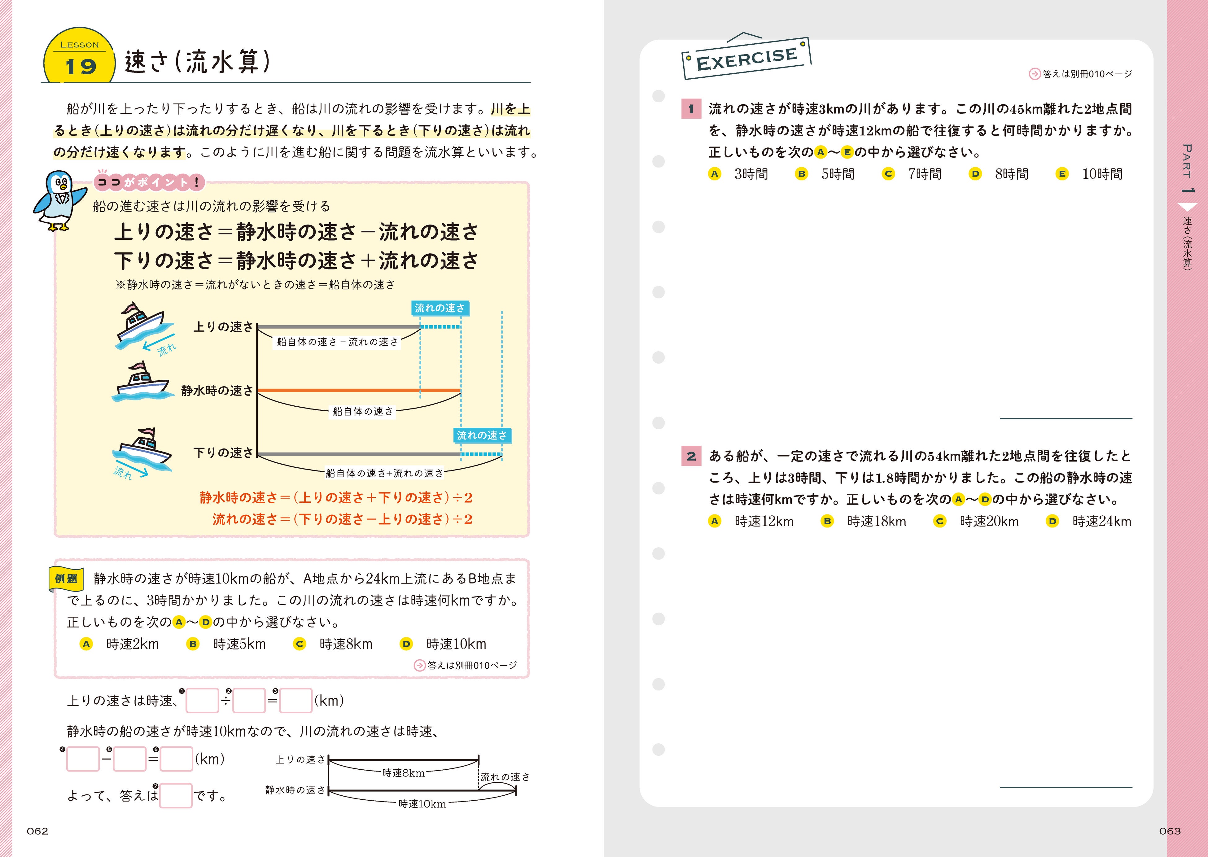 左ページで「解説」を読んでから右ページの「演習問題」に取り組めるため、効率よく学習が進められます。（『SPI3（言語・非言語）をひとつひとつわかりやすく。』より）