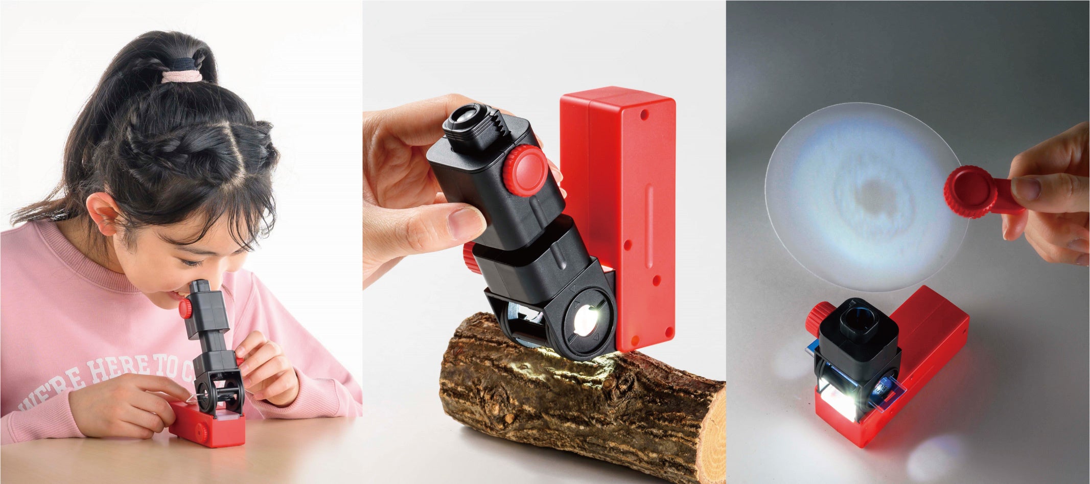 ▲万能顕微鏡は3段変形。左からプレパラートを観察する「透過型」、ものの表面を観察する「反射型」、虫めがねスクリーンに映す「投影型」。