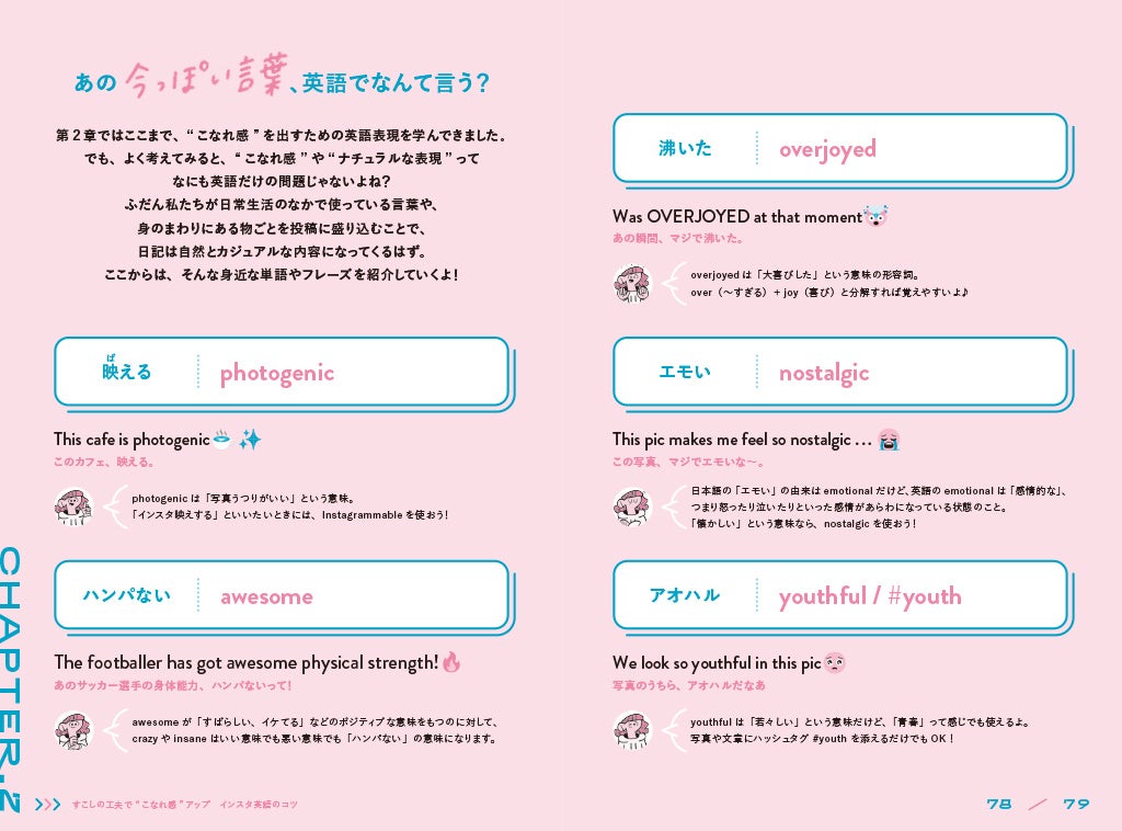 ▲“映える”“沸いた”など、ふだん使う日本語の英語訳も充実