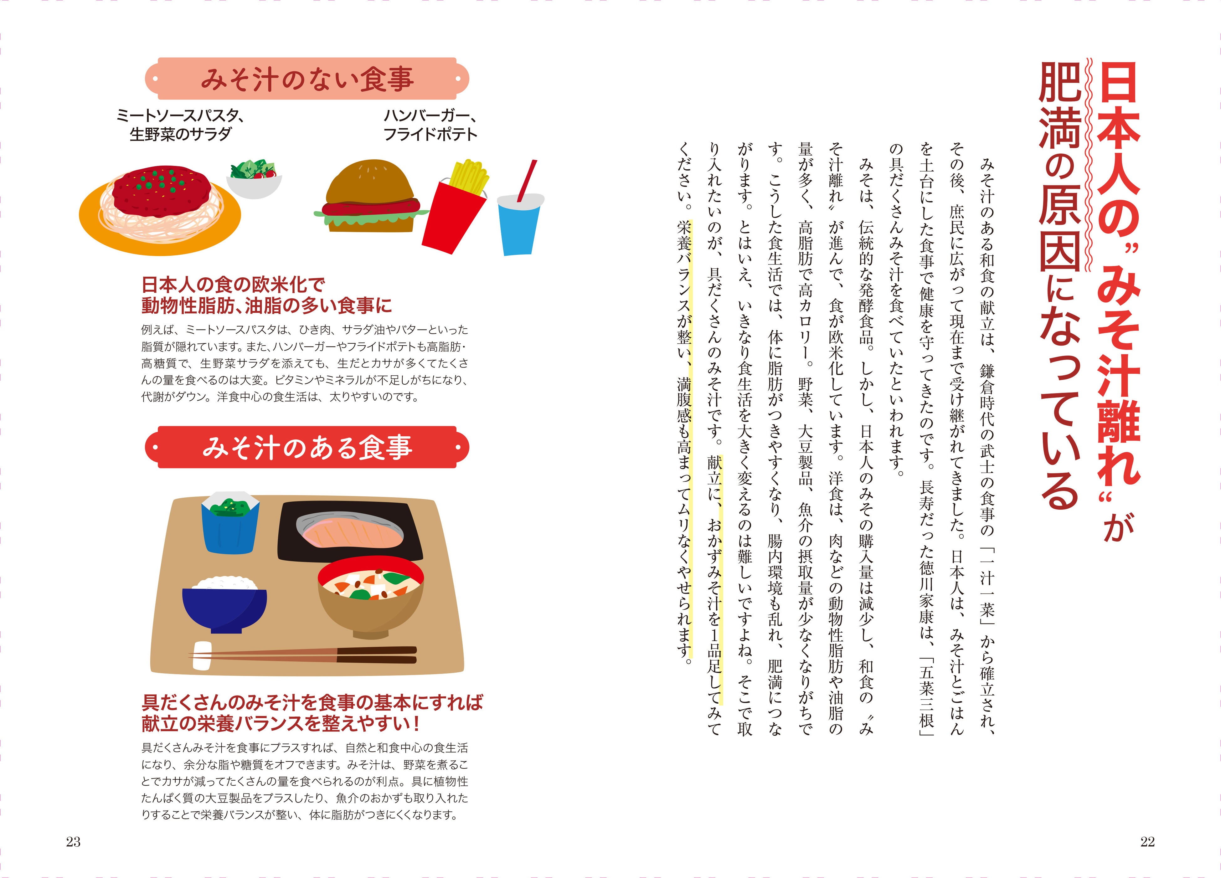 ▲体に脂肪がつきやすく、腸内環境も乱れがちな洋食中心のメニューにおかずみそ汁を一品足すだけで、栄養バランスが整って満腹感も高まるため、むりなくやせられます