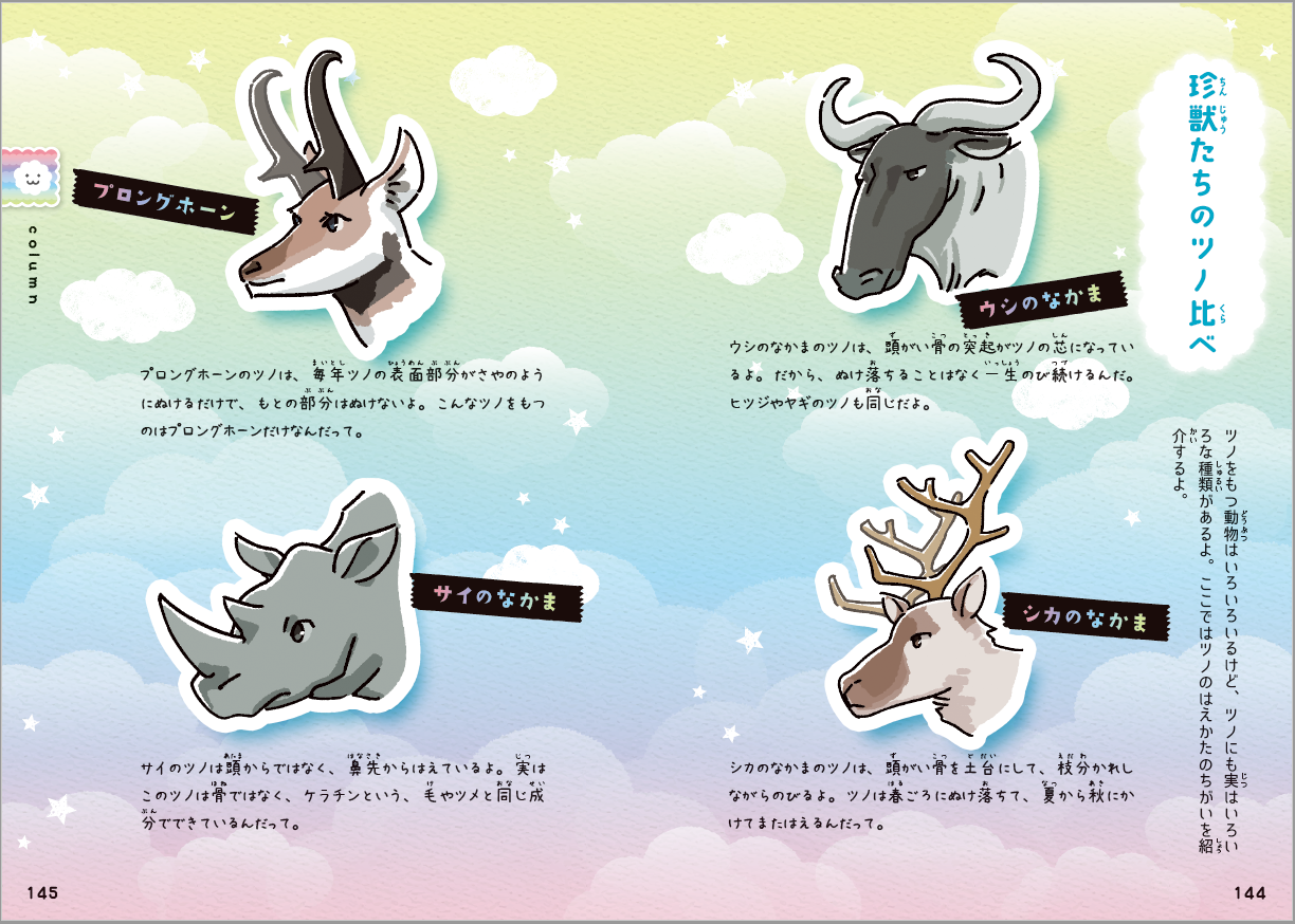 ▲ひとことにツノといっても、その形や生え方はいろいろあります。