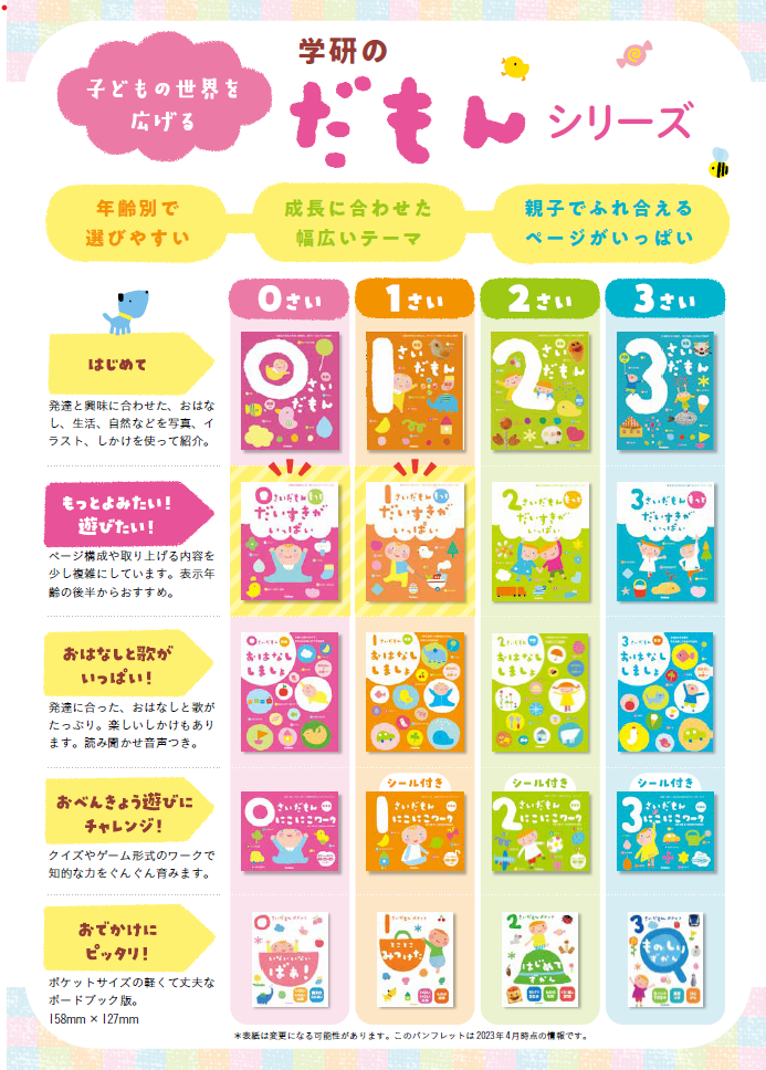 ▲子どもの発達にあった年齢別絵本「だもん」シリーズ一覧