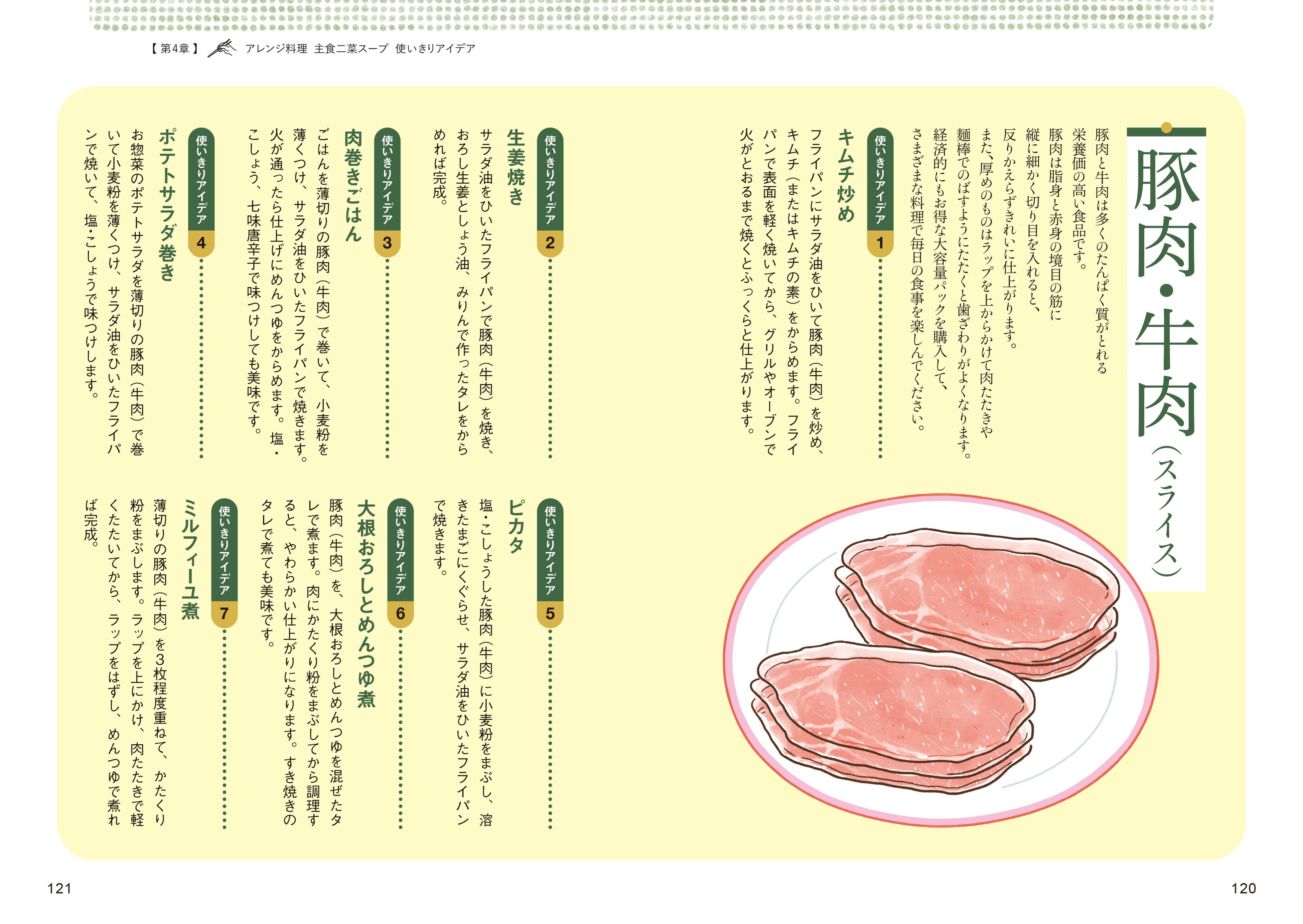 ▲ひと皿で主食・主菜・副菜がまとめてとれる「主食二菜スープ」のレシピや、量が多くて1回では食べきれない「豚肉・牛肉、鶏肉、ブリ、鮭・タラ」を飽きずに食べきる方法などもご紹介しています。